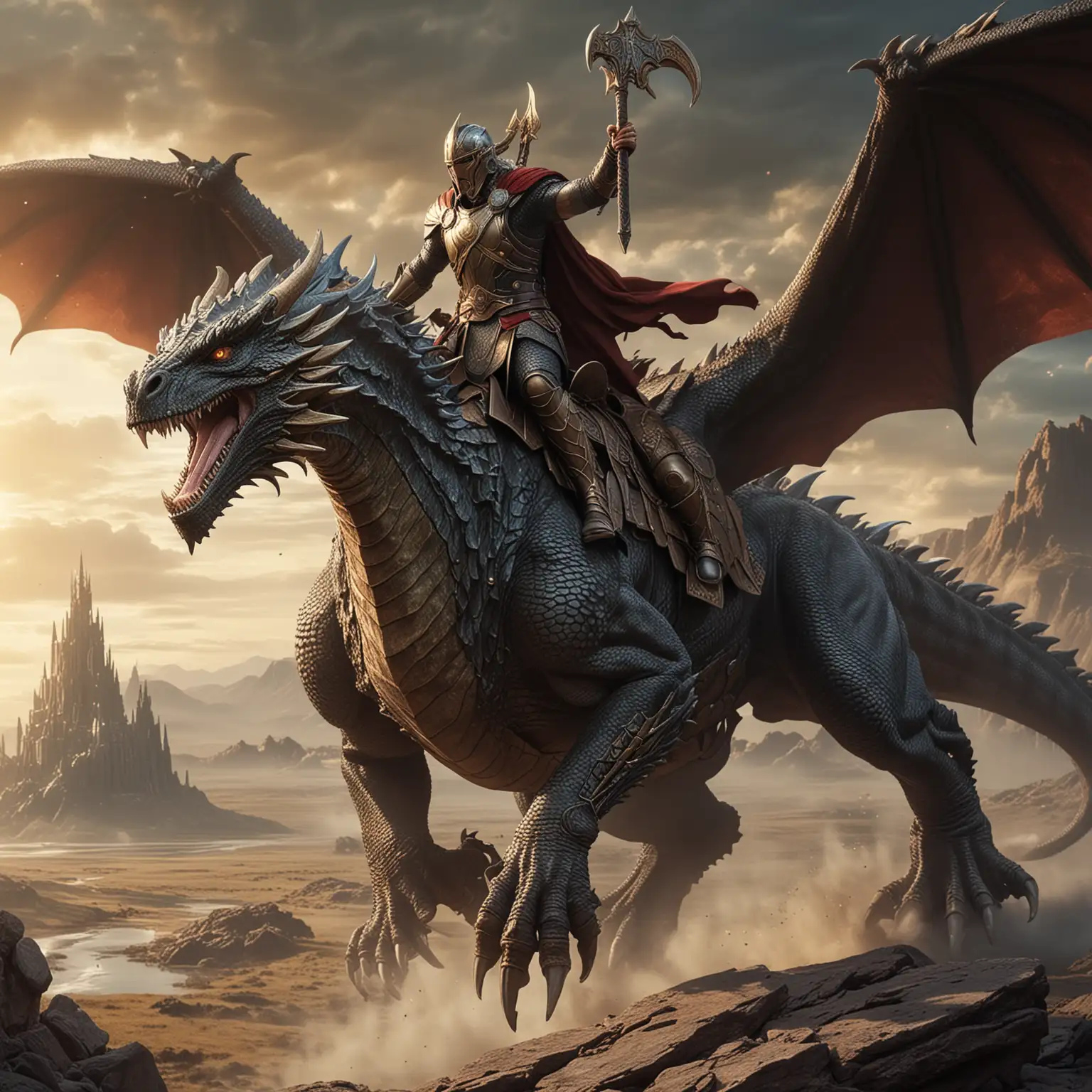 asgardian soldier riding an old ancient dragon into battle