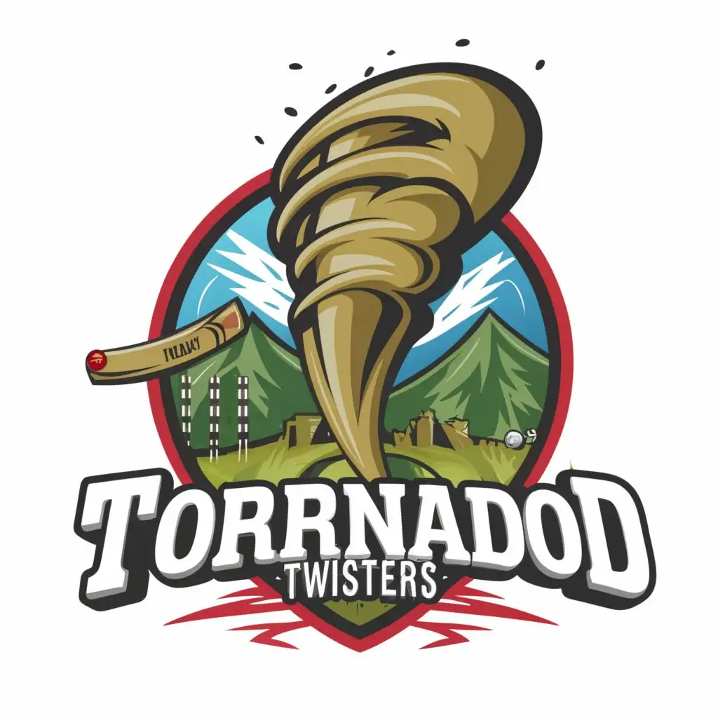 logo, Tornado, Mountain, Cricket ball, Batsmen, with the text "TORNADO TWISTERS", typography