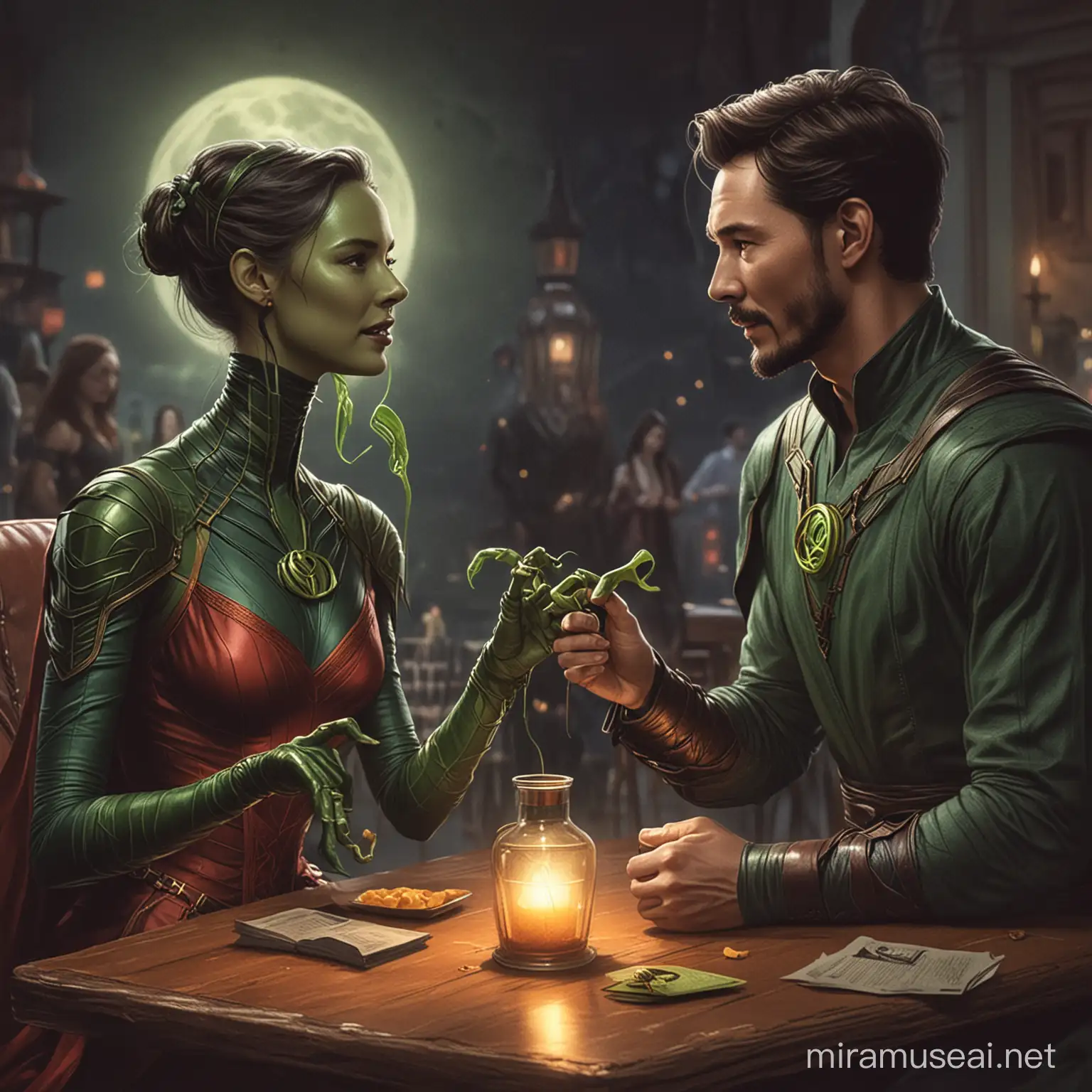 give an illustartion of the speed dating in halloween costumes, the man has dr strange costume and the girl has mantis' costume
