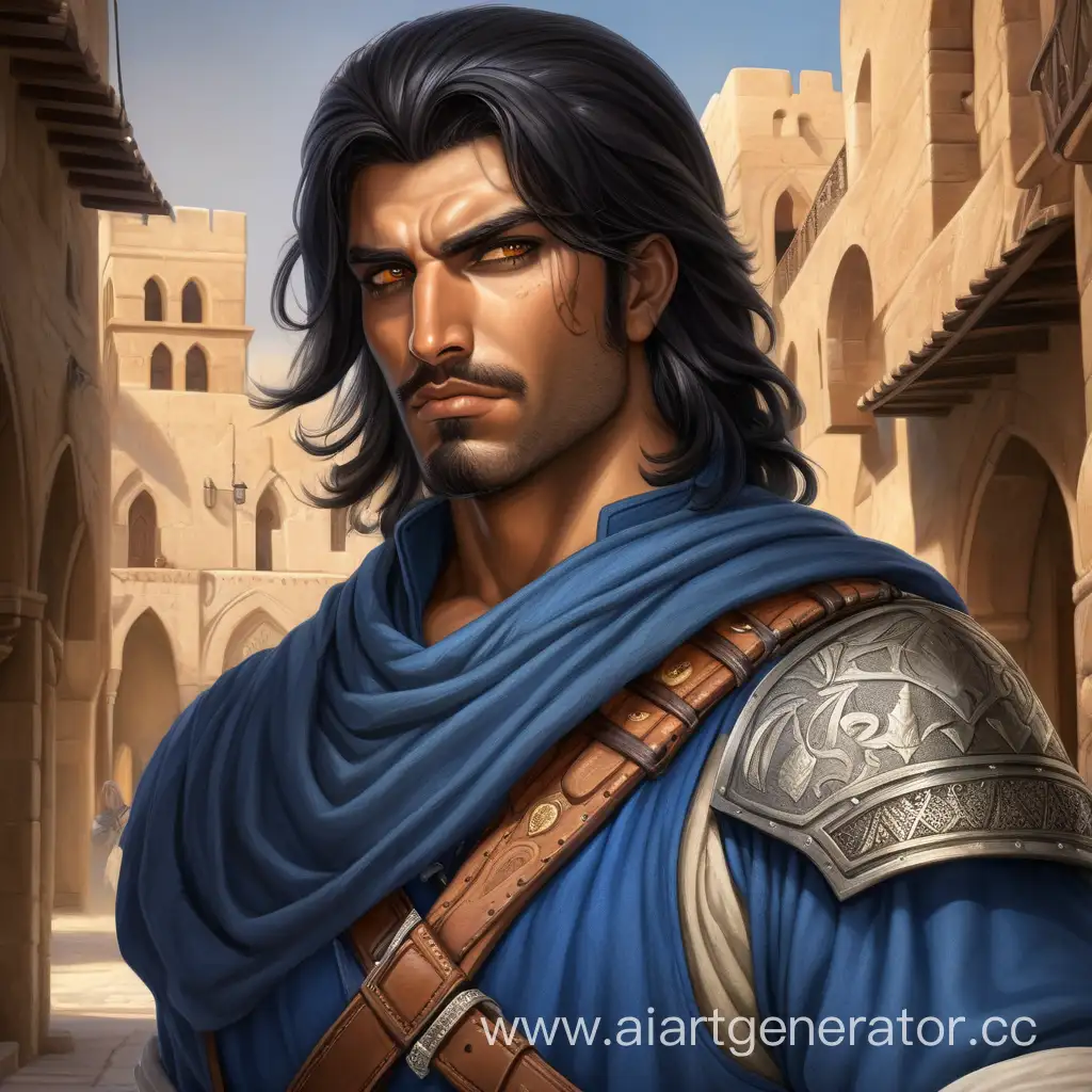 Средневековье ближний восток восточный город мужчина наёмник сильный брутальный храбрый красивый синяя одежда чёрные волосы короткая борода янтарные глаза