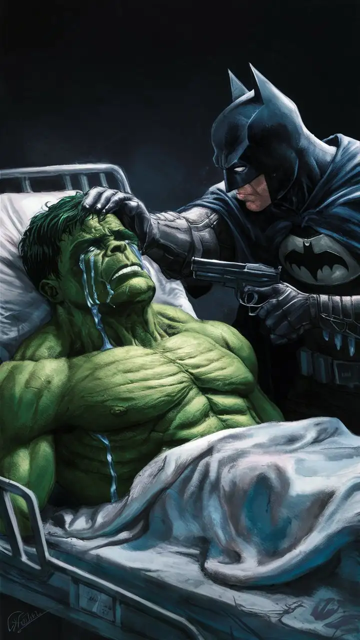 Hulk lying on a hospital bed crying. Batman is pointing a gun to Hulk's head