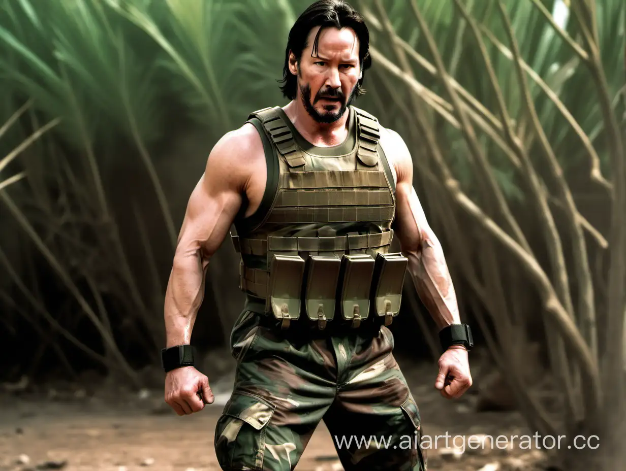 Keanu Reeves, full body, military plate carrier, woodland camouflage uniform, muscles, angry face, one person, palms clenched into fists, gladiator, one person, standing still, bodybuilder pose