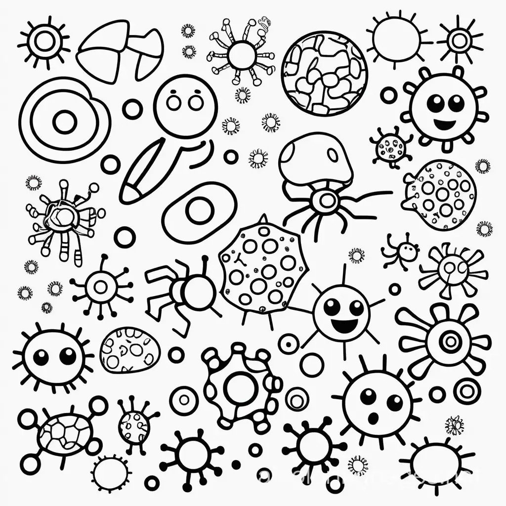 Viruses and bacteria, Coloring Page, black and white, line art, white background, Simplicity, Ample White Space. The background of the coloring page is plain white to make it easy for young children to color within the lines. The outlines of all the subjects are easy to distinguish, making it simple for kids to color without too much difficulty