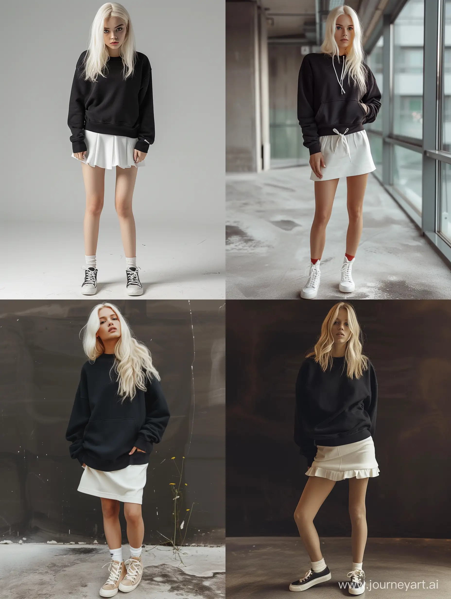 Elegant-Blonde-Fashion-Model-in-Black-Sweatshirt-and-White-Skirt