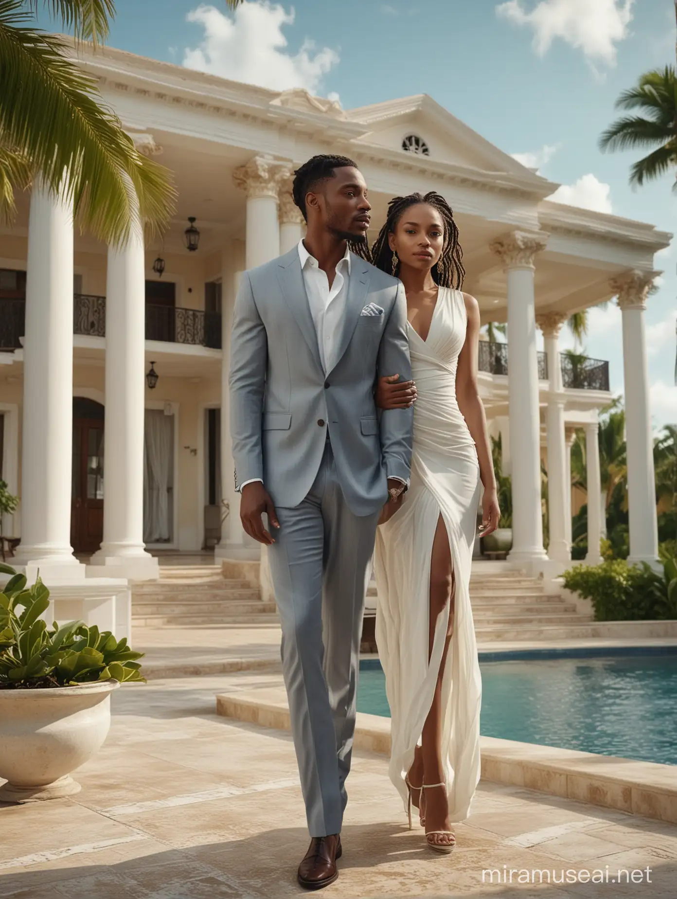 a Full-body shot glossy image of a carribean couple the man 25 years old  with a handsome figure, slim body dressed in a elegant suit.the woman is wearing an elegant dress he is standing in front of a luxury house in the background, carribean background, medium-length locs. highly detailed.UHD image, natural beauty realistic shot.hyper hd detailed.hyper realistic, with a cinematic quality. candid celebrity shots, uhd image, natural beauty --ar 69:128 --s 750 --v 5. 2