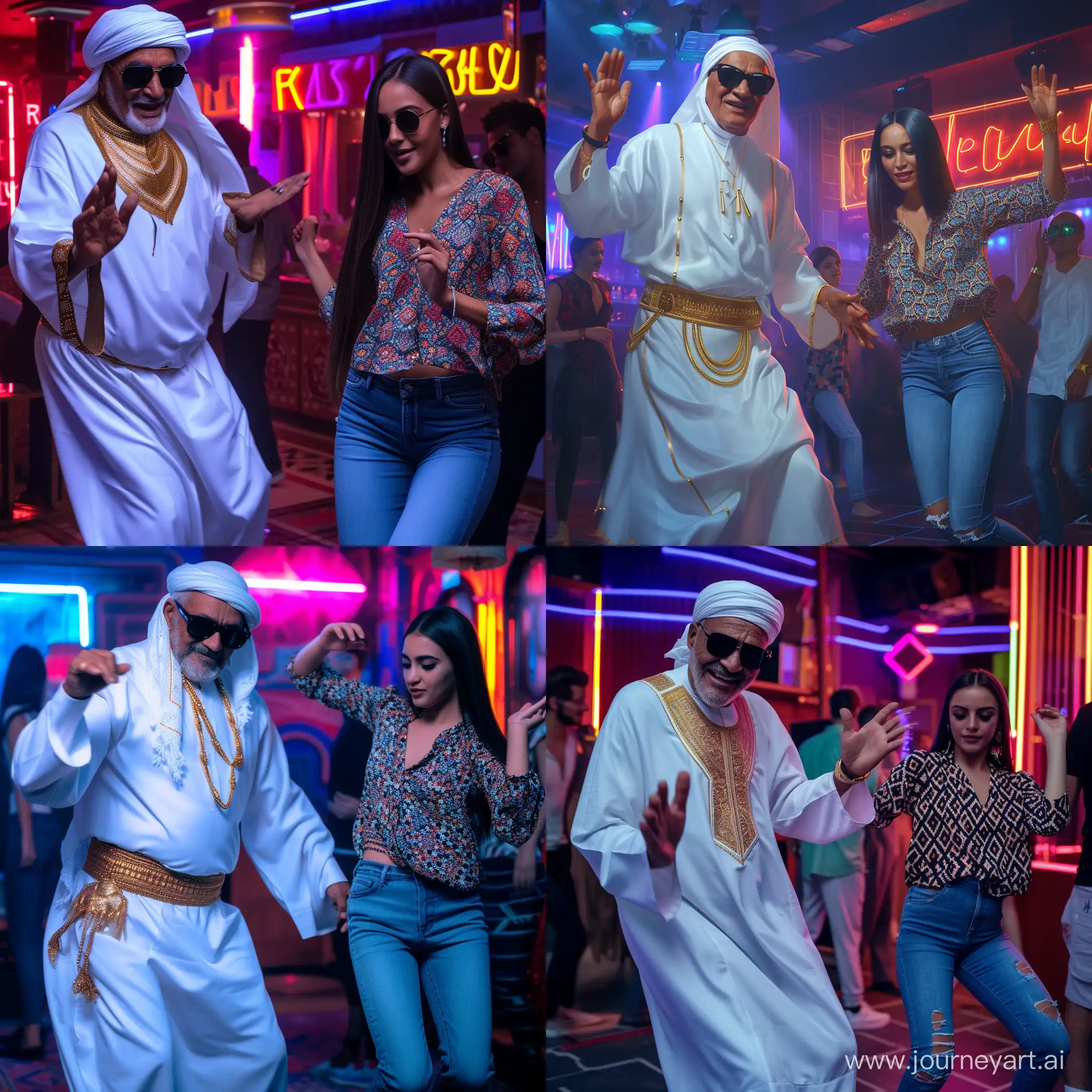 /imagine prompt: A Moroccan elder in traditional white jellabah, and gold accessories, wearing dark sunglasses, joyous in a vibrant nightclub atmosphere, a girl in a patterned blouse and jeans, straight dark hair dances freely nearby, clearly apart. Both are dancing with hands up. Background has club-goers and neon lights. Created Using: authentic traditional costume details, dim club lighting, vibrant neon colors, cultural attire detail, nightclub ambiance, clear separation of subjects, hd quality, natural look --ar 1:1 --v 6.0 --v 6 --ar 1:1 --no 17988