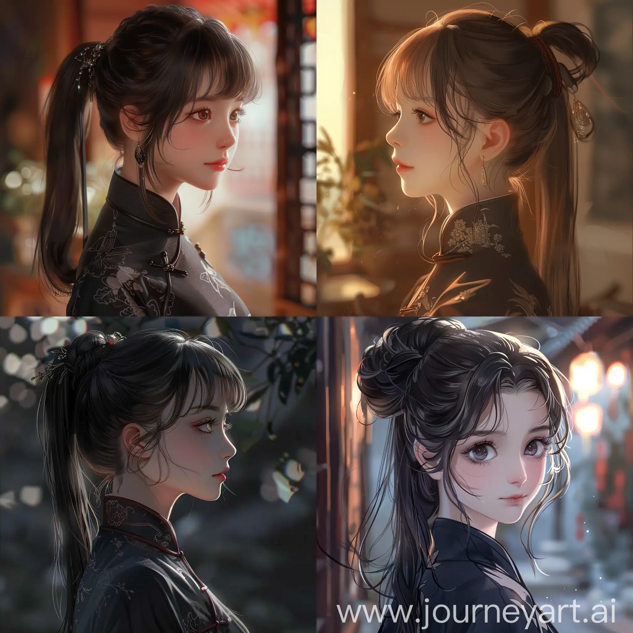 an animated girl in an dark Hanfu, confident expression, head UP, in the style of cute and dreamy, ponytail, realistic still-lifes, chinapunk, i can't believe how beautiful this is, close up --style raw