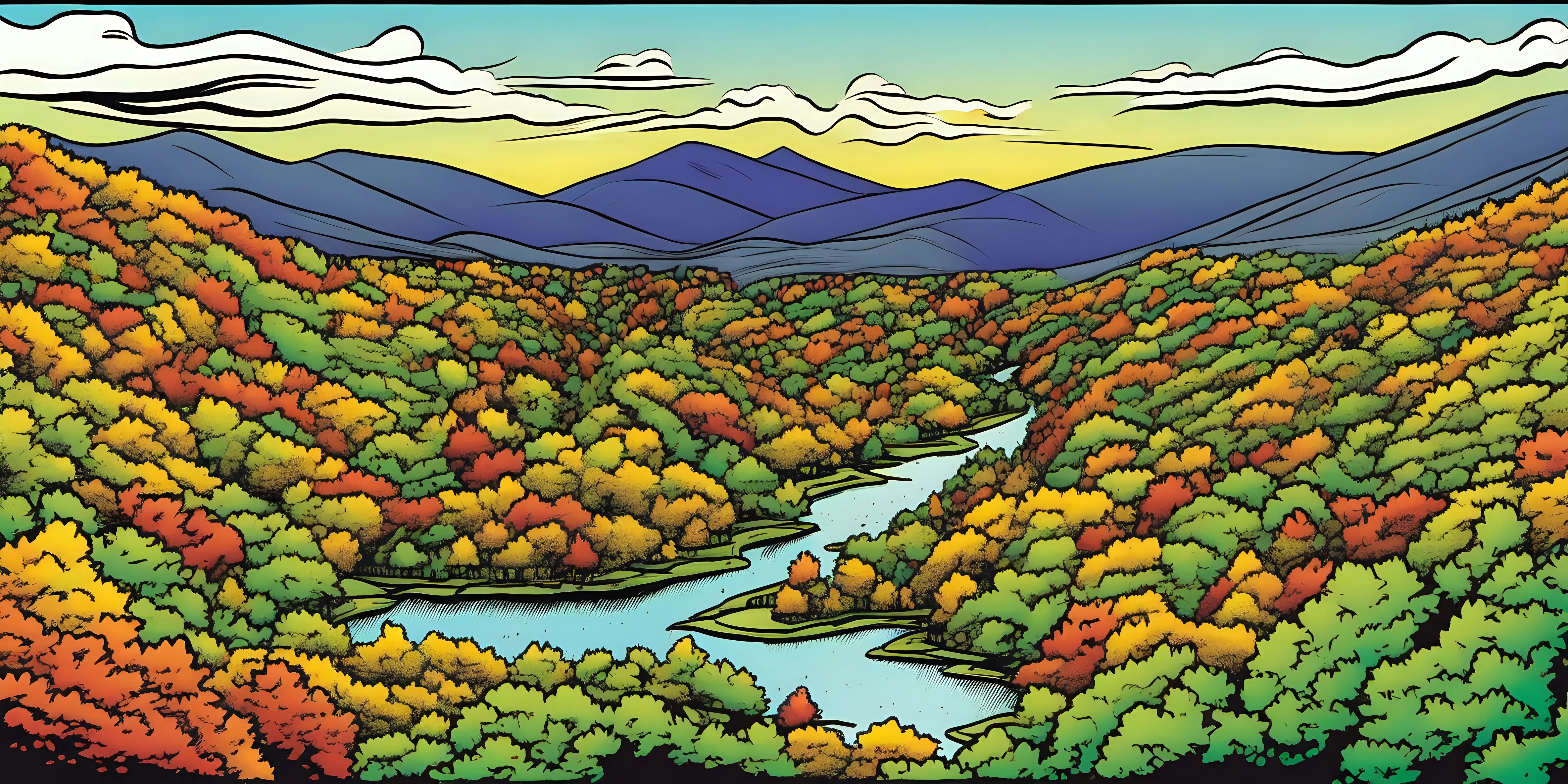 Vibrant Cartoon Illustration of the Scenic Taconic Mountain Range