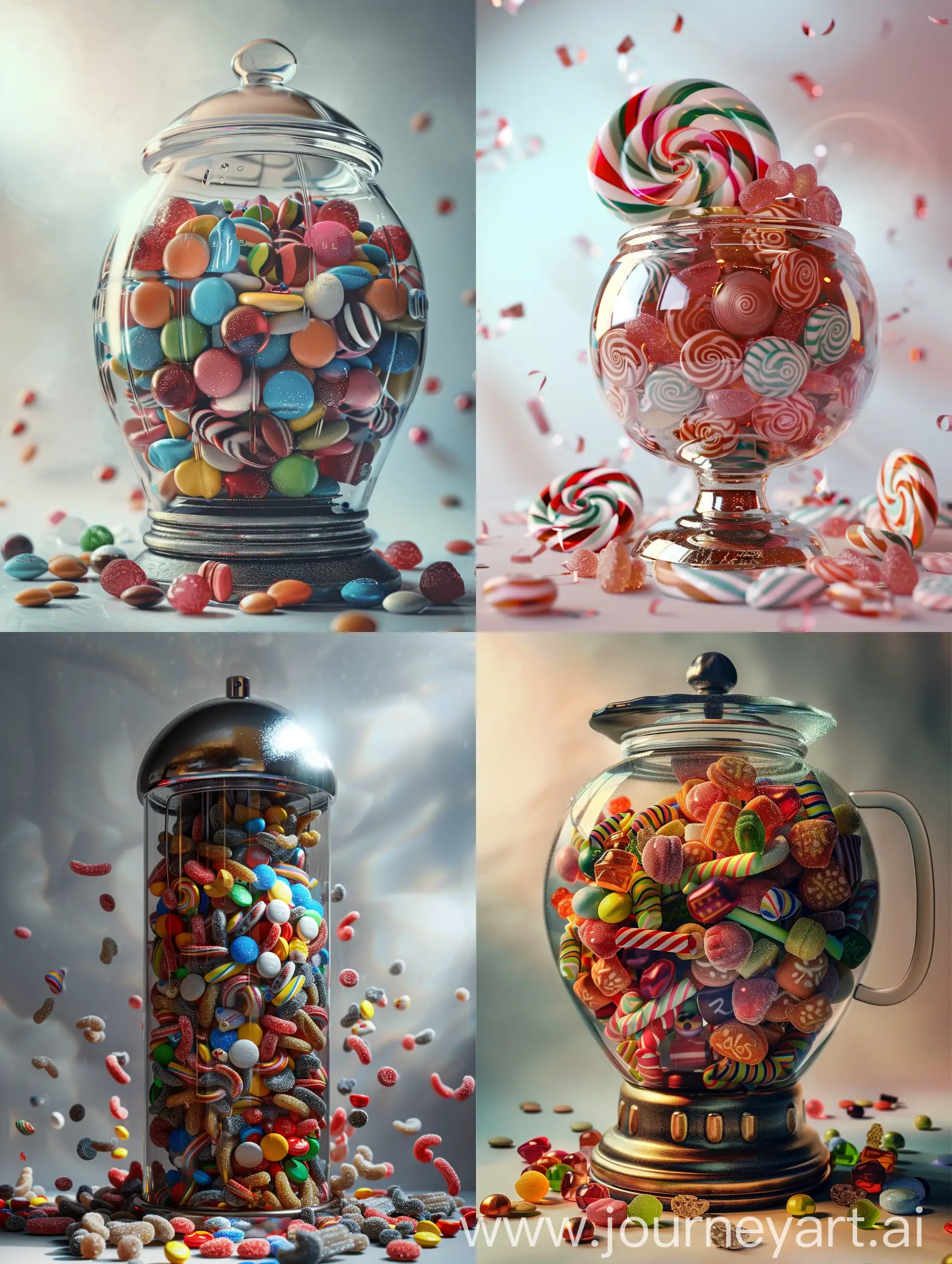 make a candy dispenser full of candys and whit background, metallic effect, camera haze, camera blur, film lut, studio settings
