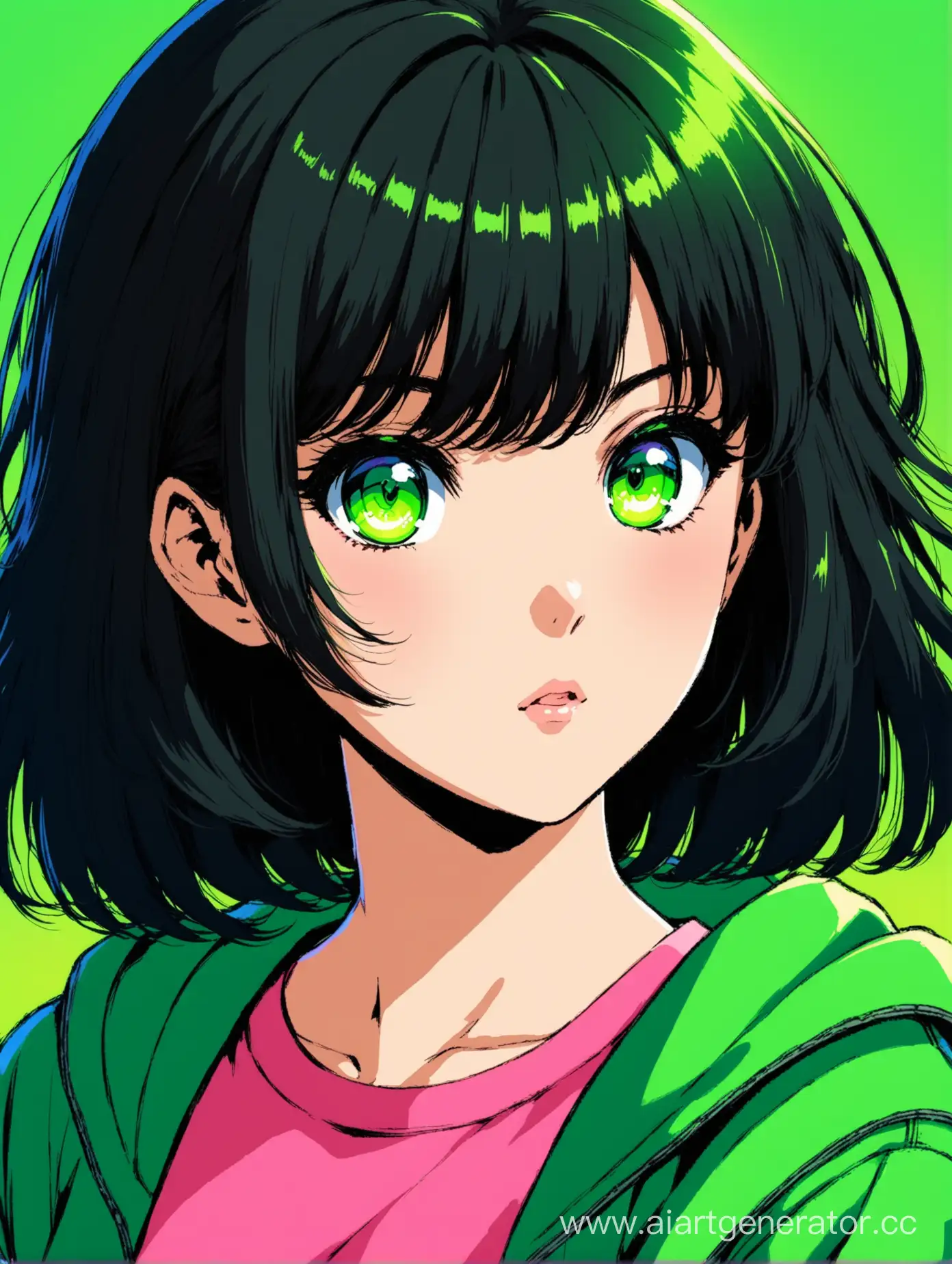 80s Anime Girl with Black Bobbed Hair and Green Eyes | AI Art Generator