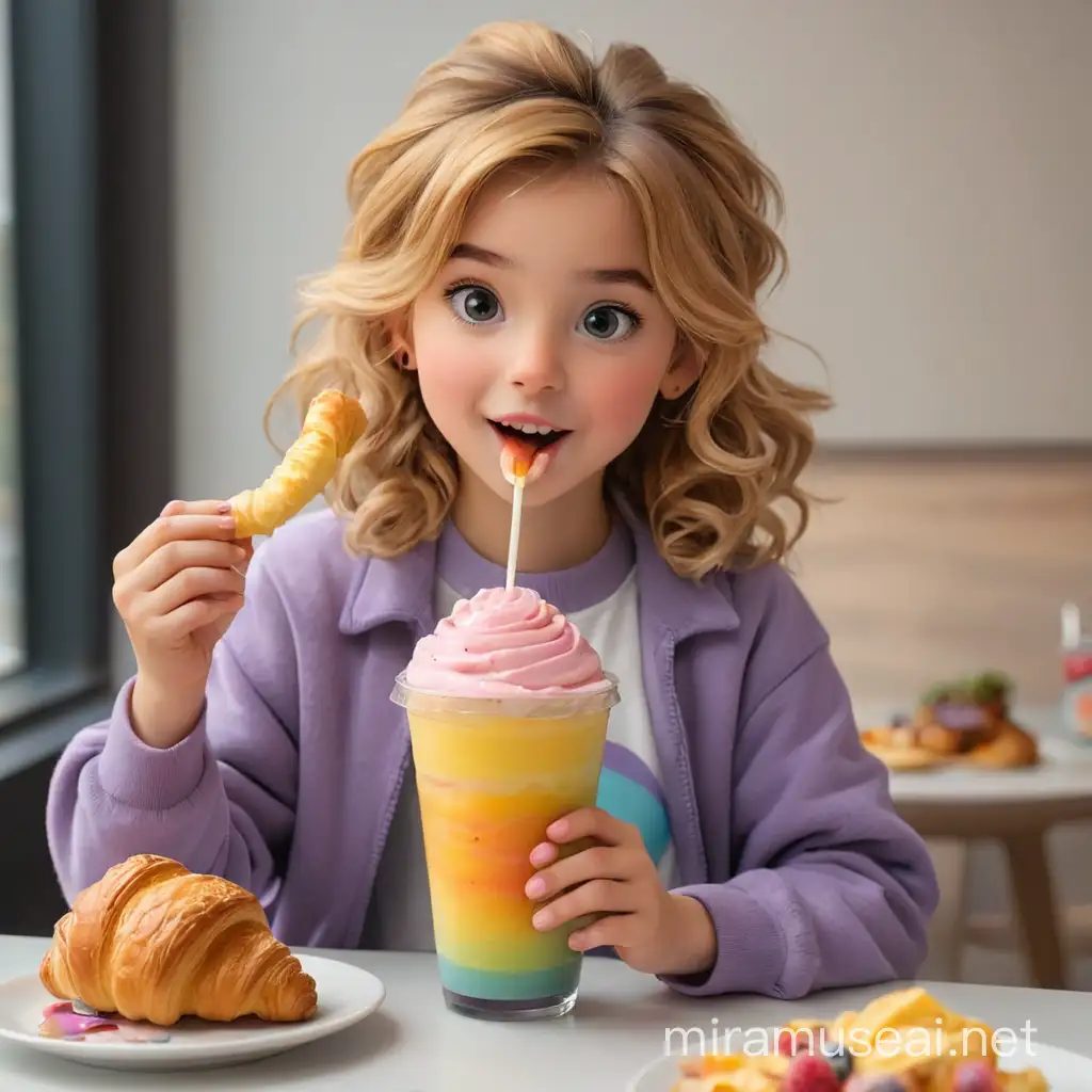 bambina che mangia la brioches e uno smoothie arcobaleno