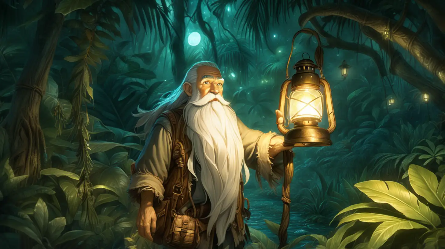 Mystical Elder Travels Through Enchanted Jungle at Night