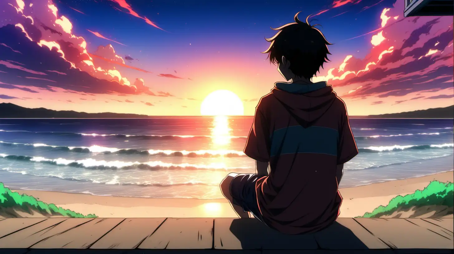 Solitary Beach Sunset Contemplation in Anime Style