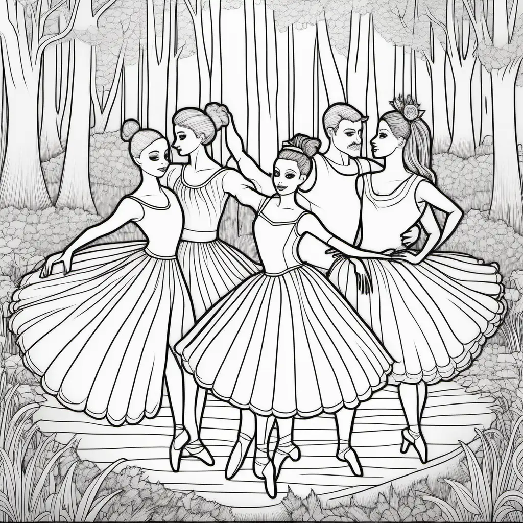 coloring page for adults, ballet, 3 cOUPLEs, man wearing pants, girl wearing tutu, las lloronas felices, lago cisnes, bosque,
cartoon style, detailed, thick lines, no shading -- ar 9:11