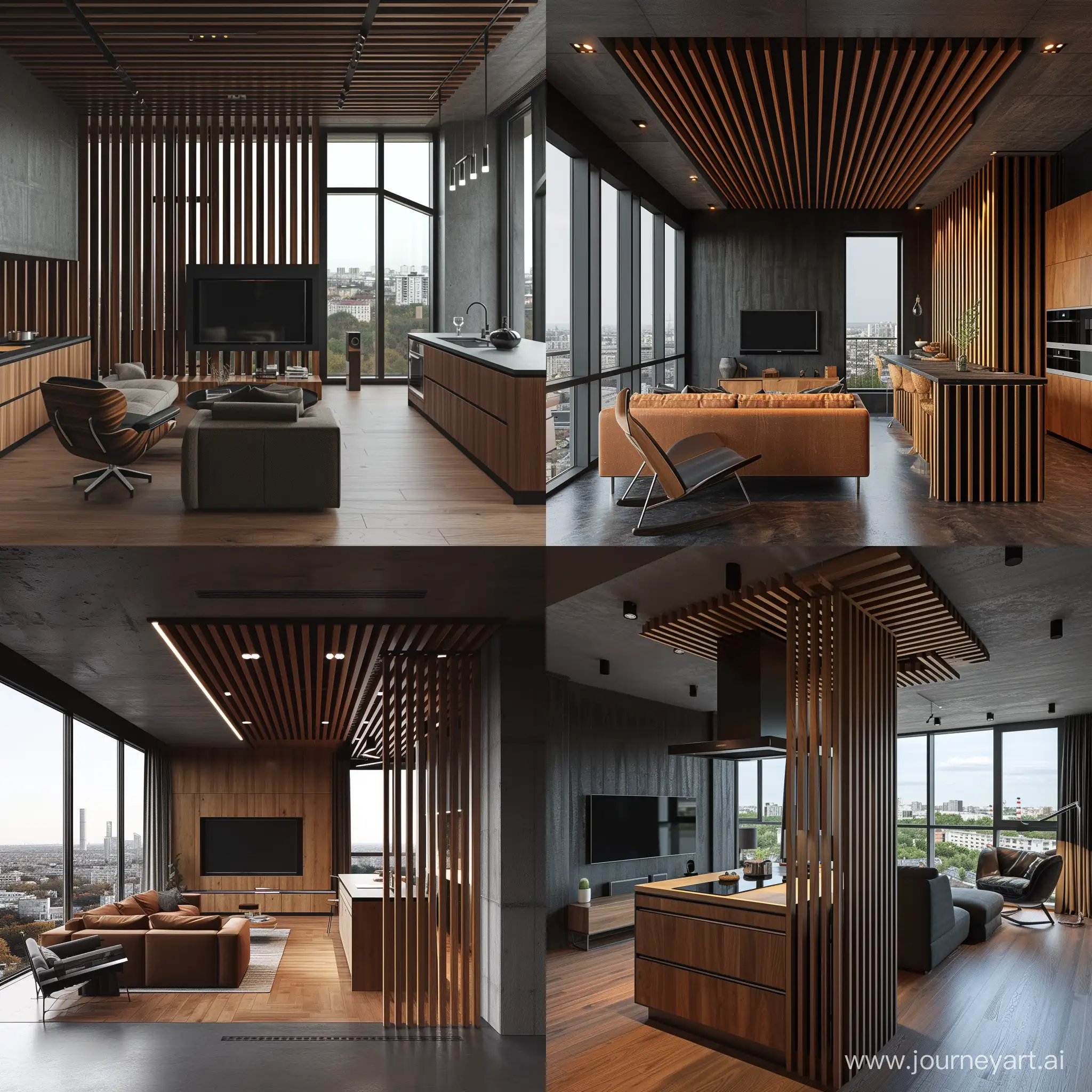 параметрический дизайн в квартире, дерево, рейки, кухня, гостиная, диван, телевизор, кухонный остров, кресло, панорамный вид из окн, бетон, темно серая стена