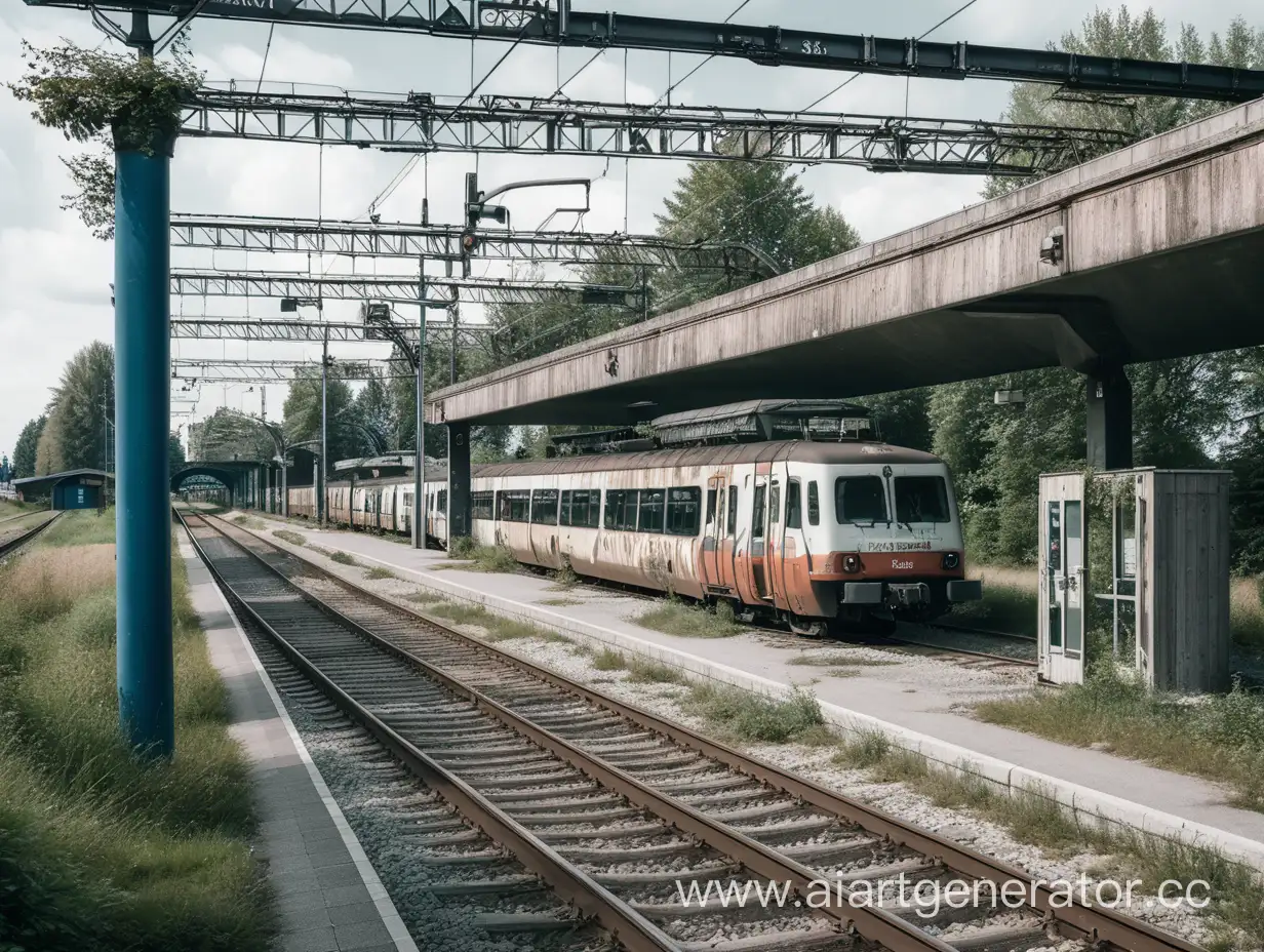 a dystopian, derilict, suburban trainstation near munich, no roof, a broke down train in the midground