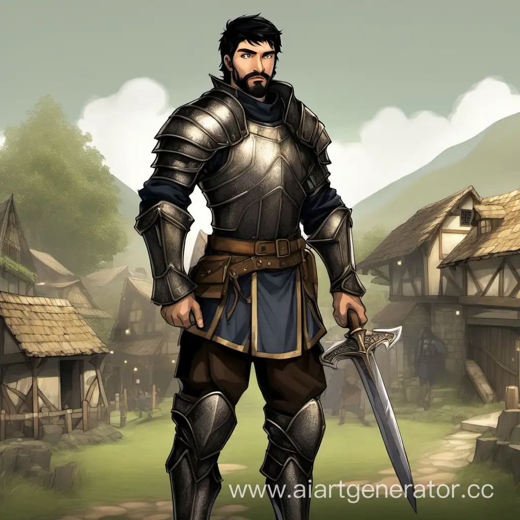 Парень, стражник деревни, черноволосый, карие глаза, небольшая бородка черного цвета, кожаная броня.