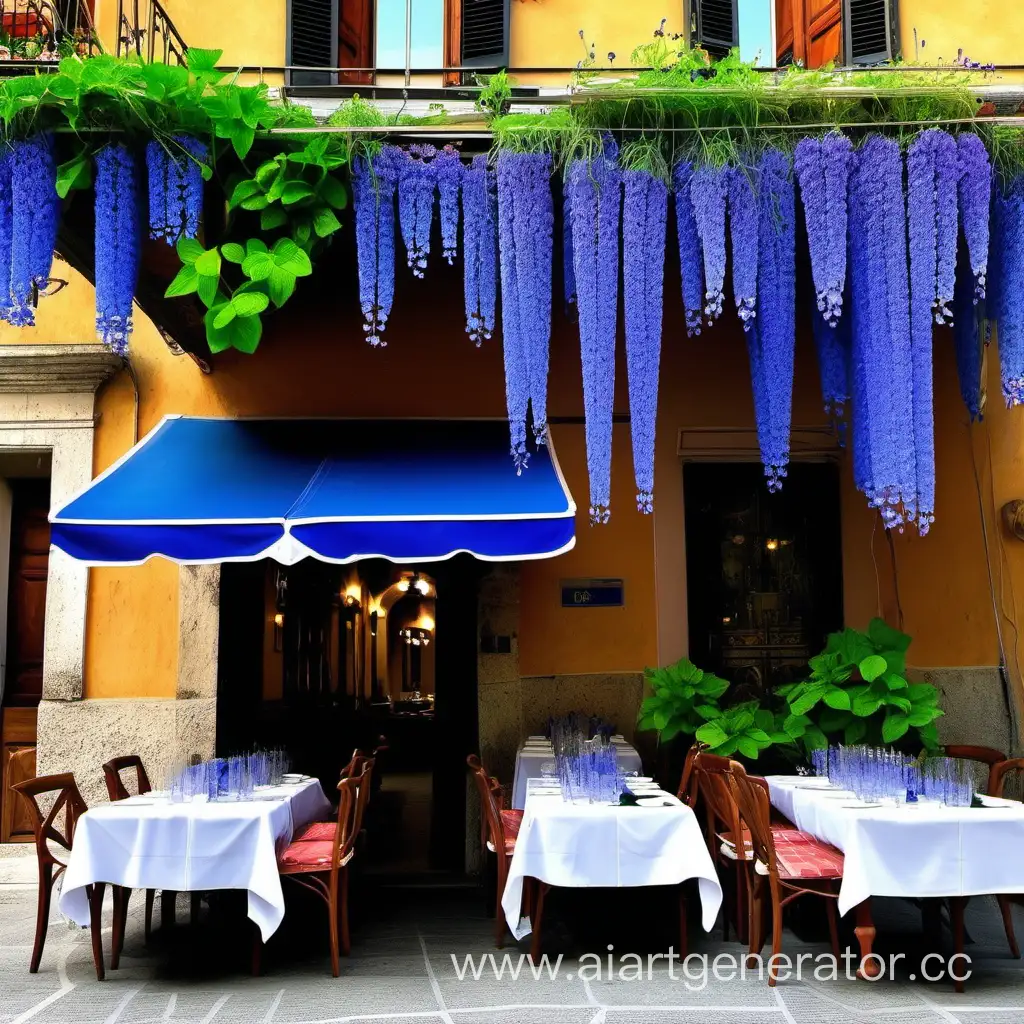 уличная веранда ресторана в Италии, над столиками свисают голубые фиалки много тонких стеблей