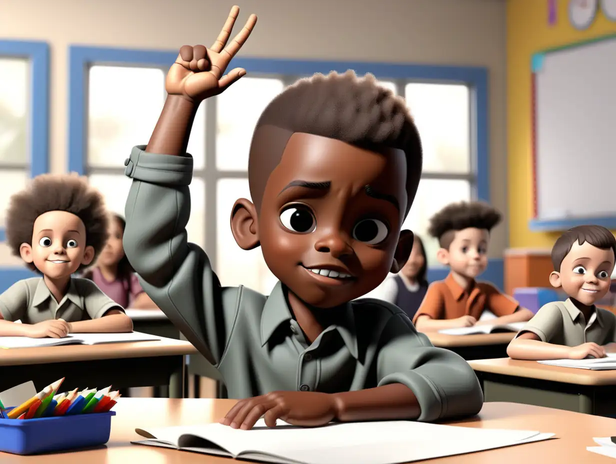 create an image of a 5 year old African American boy with a low haircut sitting at his desk in school with raising his hand high in the air to answer a question