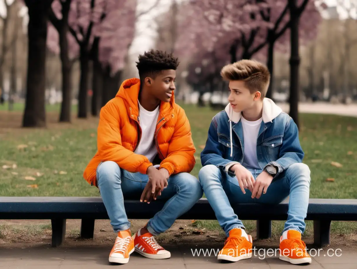 There are two boys in the park. they are 20. one of them is wearing orange sneakers. and the other is wearing a comfy jacket and jeans. they are talking to each other. they have different sneakers. they are friends