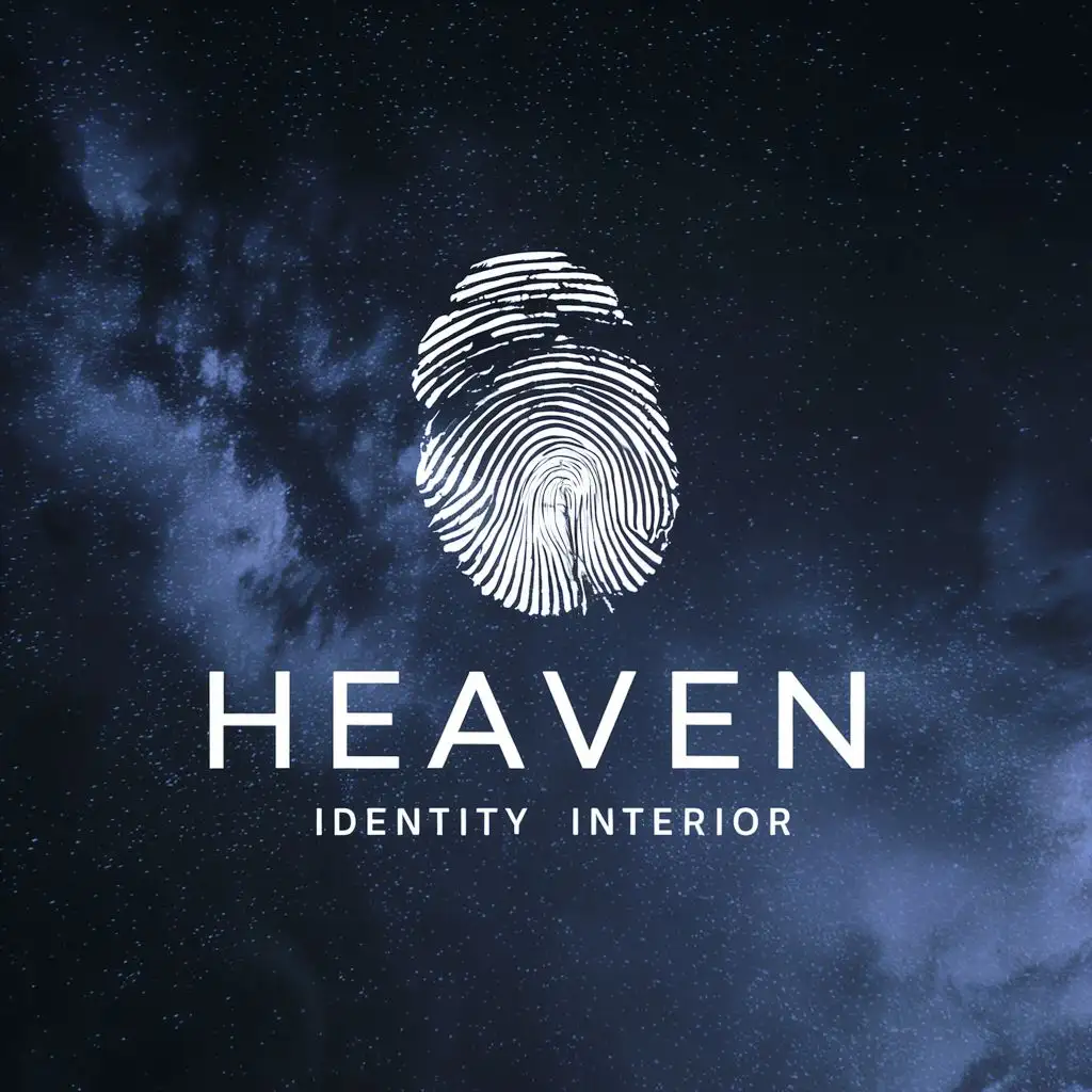logo, Incorporating a thumbprint into interior logo design can be linked to a heavenly or divine theme by symbolizing the unique and divine nature of each individual. It can evoke a sense of celestial identity, connecting the earthly design with heavenly attributes, highlighting the idea that every person's identity is like a distinct imprint from the divine realm., with the text "Heaven Identity Interior", typography