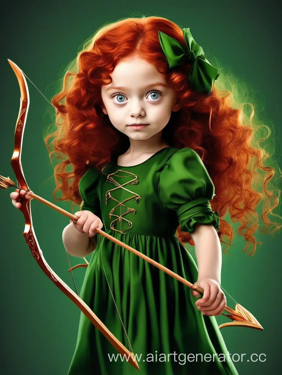 Девочка маленькая с большими глазами, в стиле храбрая сердцем, рыжая девочка с кудрявыми длинными волосами, в длинном зеленом платье , с луом и стрелами