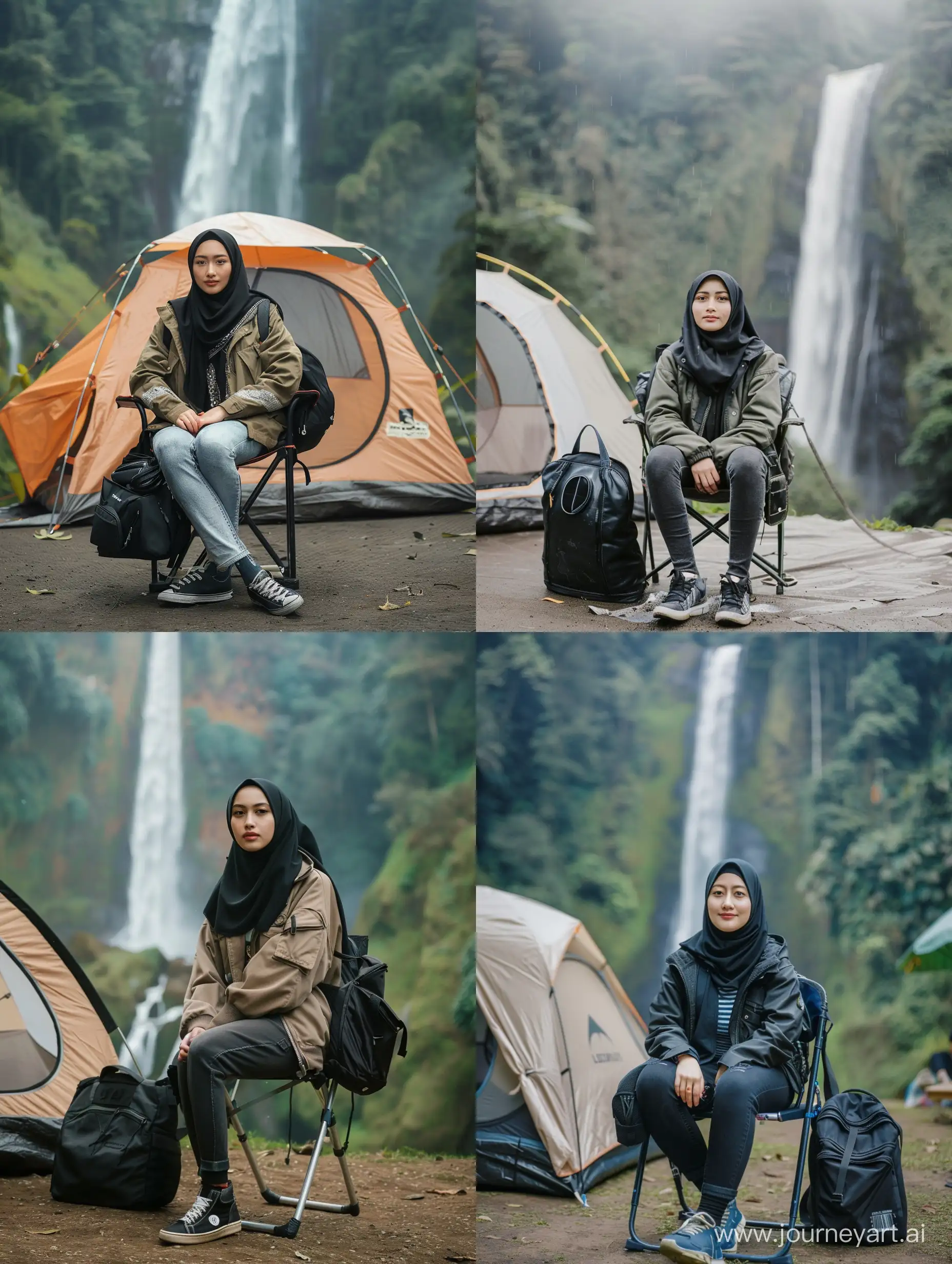 Beautiful Indonesian woman wearing a Javanese hijab (25 years old, oval and clean face, ideal body, straight and neat black hair, Indonesian skin, wearing a trucker jacket and black bag and sneakers, pose sitting on a folding chair, photography style photo facing forward, there is tent beside her, face visible, behind near the woman there is a beautiful waterfall, bright ultra HD atmosphere, real photo, high detail, very sharp, 18mm lens, realistic, photography, Leica camera