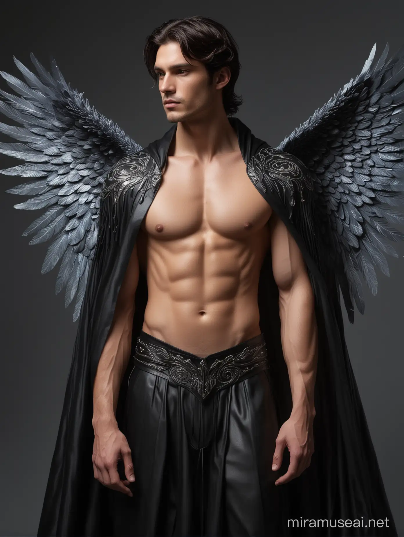Male seraphim, four expansive wings reflecting an aurora and galactic theme, dark hair cascading beyond a stark jawline, bare chest exhibiting exquisite definition, loincloth ensemble, voluminous black leather cape captured mid-billow revealing intricate embroidery, fabric clasping, full-length stance, volumetric lighting accentuating muscle contour through shadow play and softened transitions, nose prominent with a slight upturn, enticing glare, celestial wings displaying spectrum hues, ultra-realistic, masculine yet ethereal