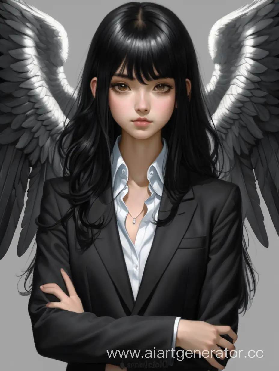 Archangel girl in a black suit and black hair 