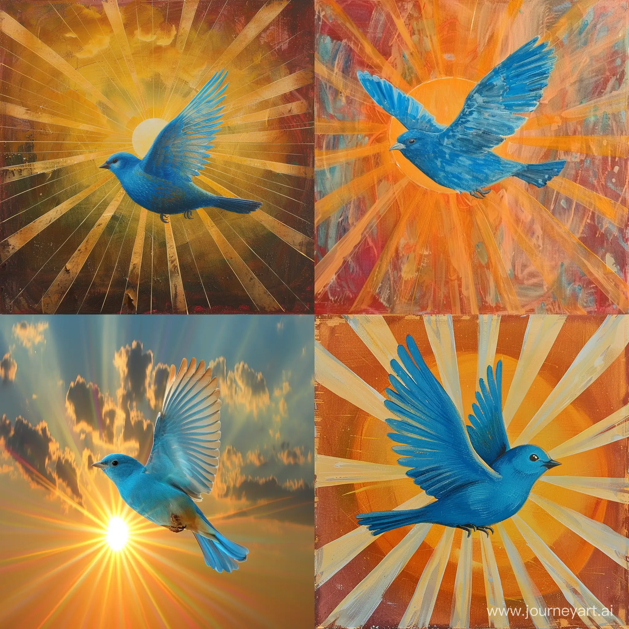 The blue bird of happiness flies across the morning sky illuminated by the rays of the rising sun.