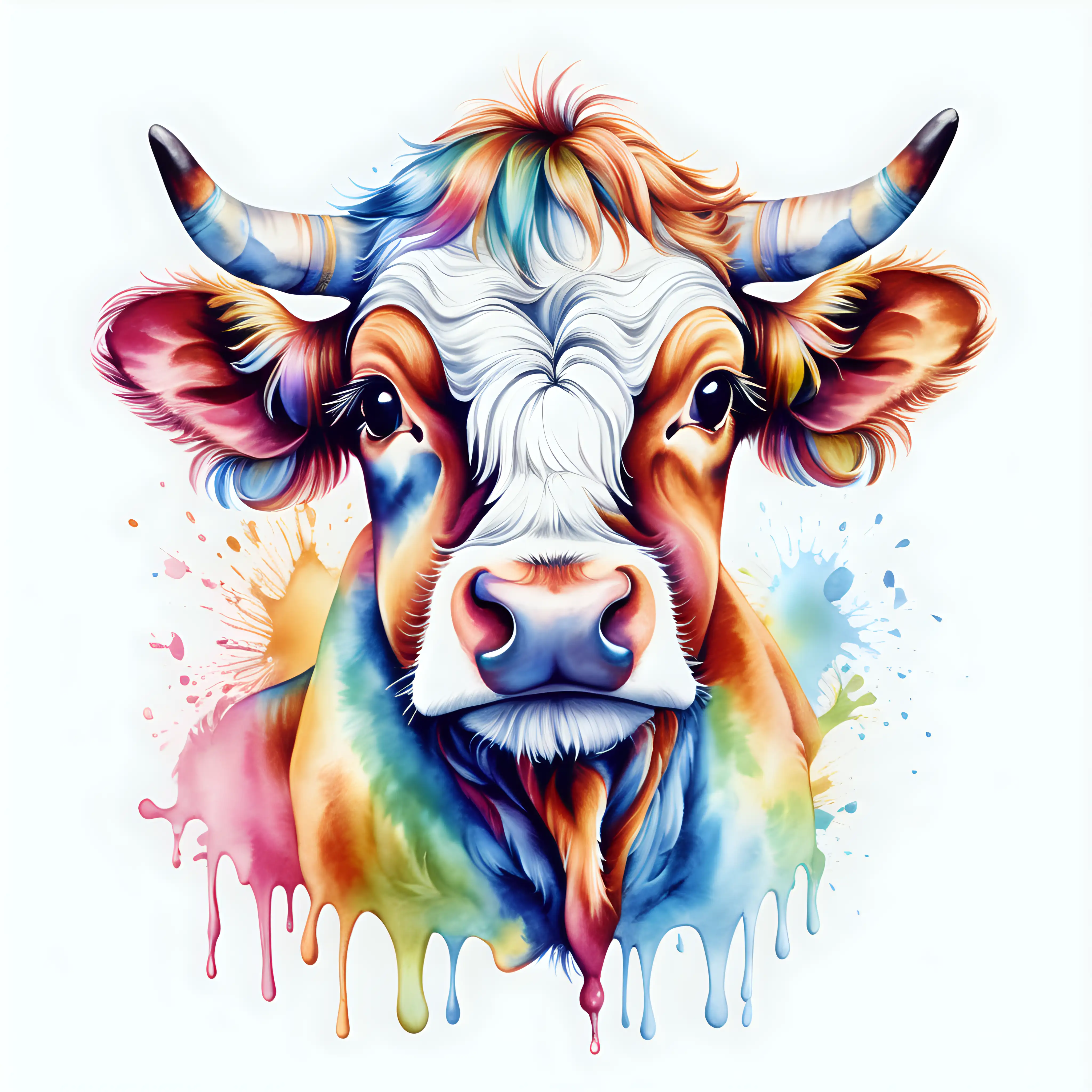 psychedelic image of a multicolored cow aquarell style t-shirt design muted colors white background Shitzu