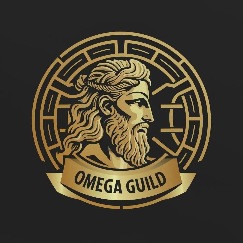 logo, Zeus ancient Greek, with the text "Omega Guild", typography