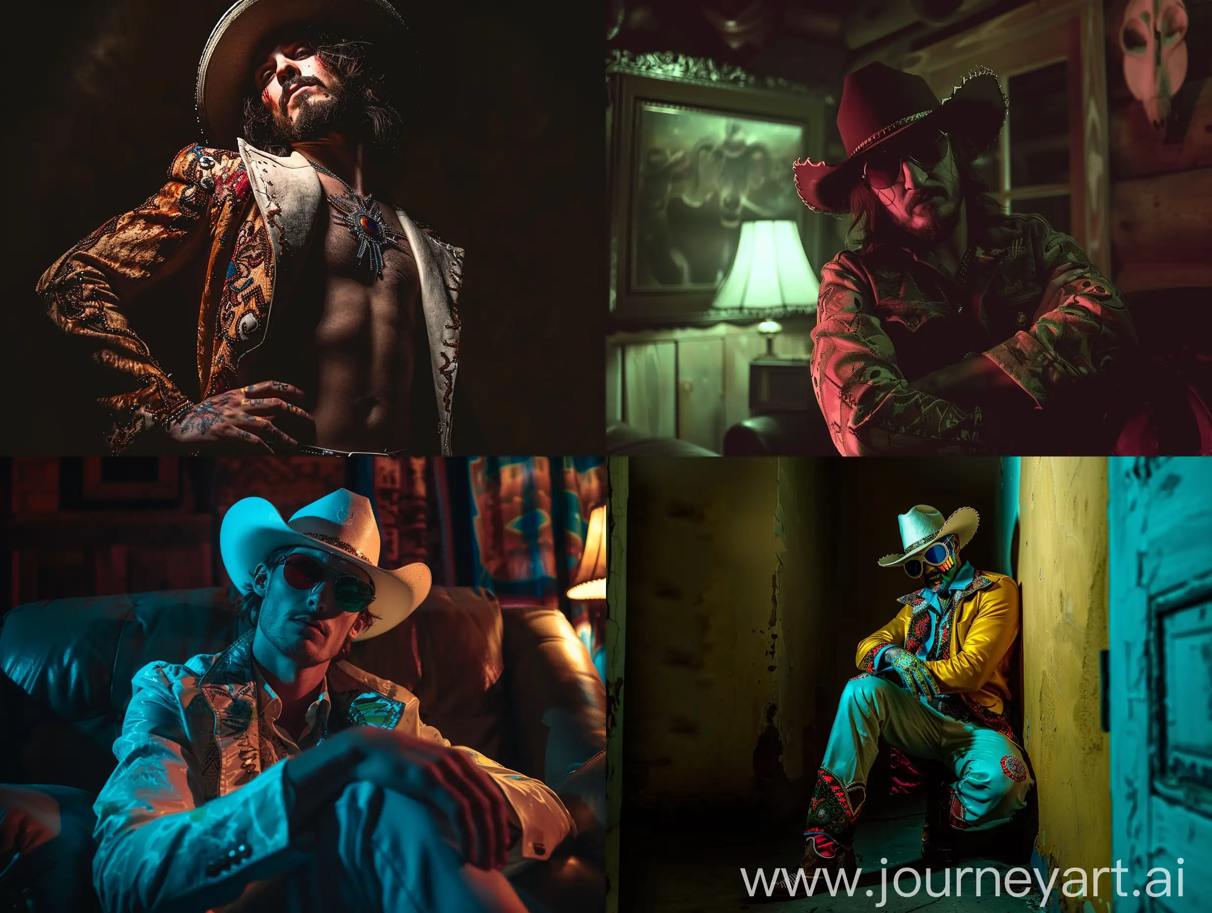 a psychedelic cowboy in a dark moody room posing, cinematic lighting, wide angle