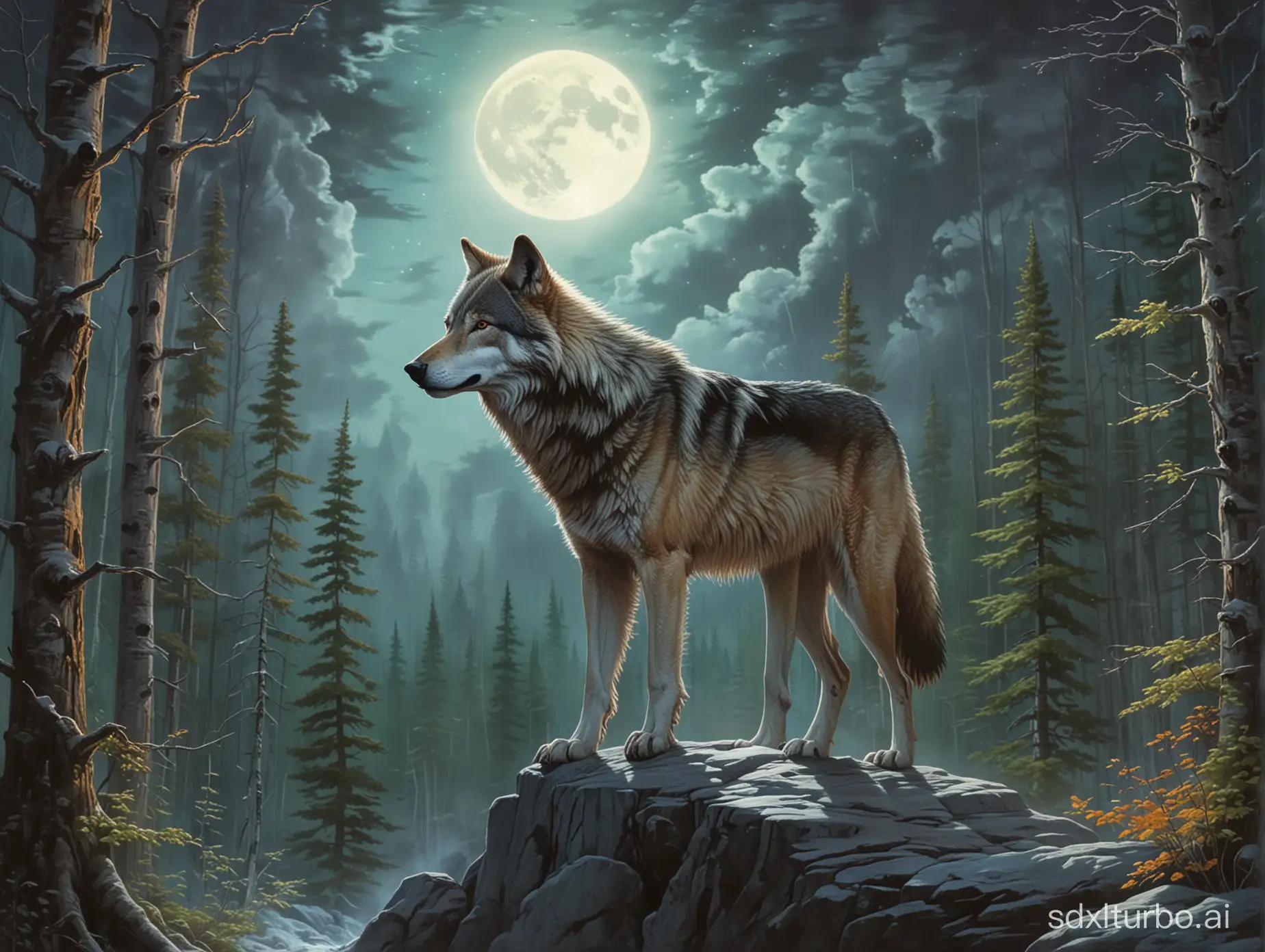 a wolf in a clift with a forest background and full moon. the wolf is looking down the clift. the wolf have aurora boreal colors