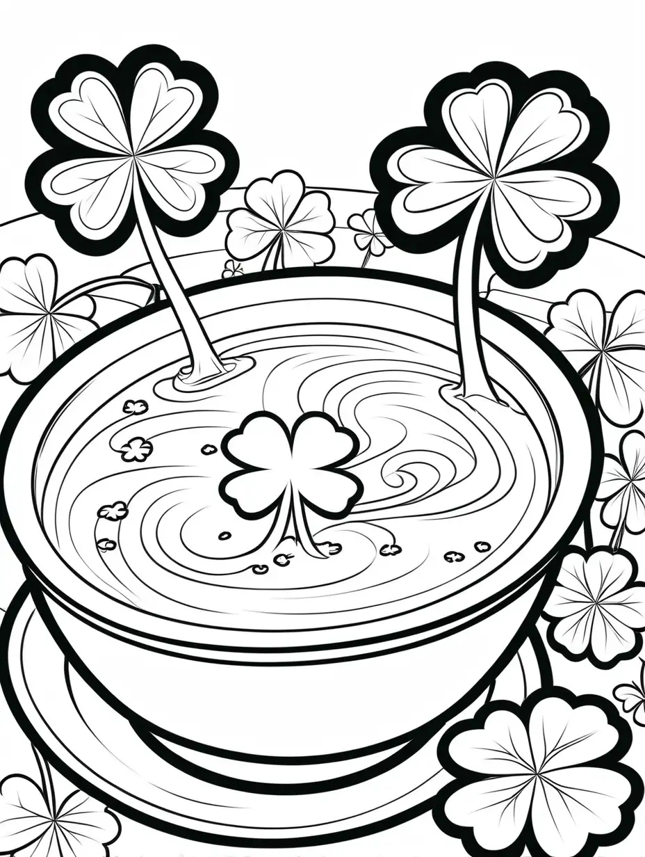 /imagine coloring pages for kids, four leaf clover soup, cartoon style, thick lines, low detail, no shading, black and white - - ar 85:110