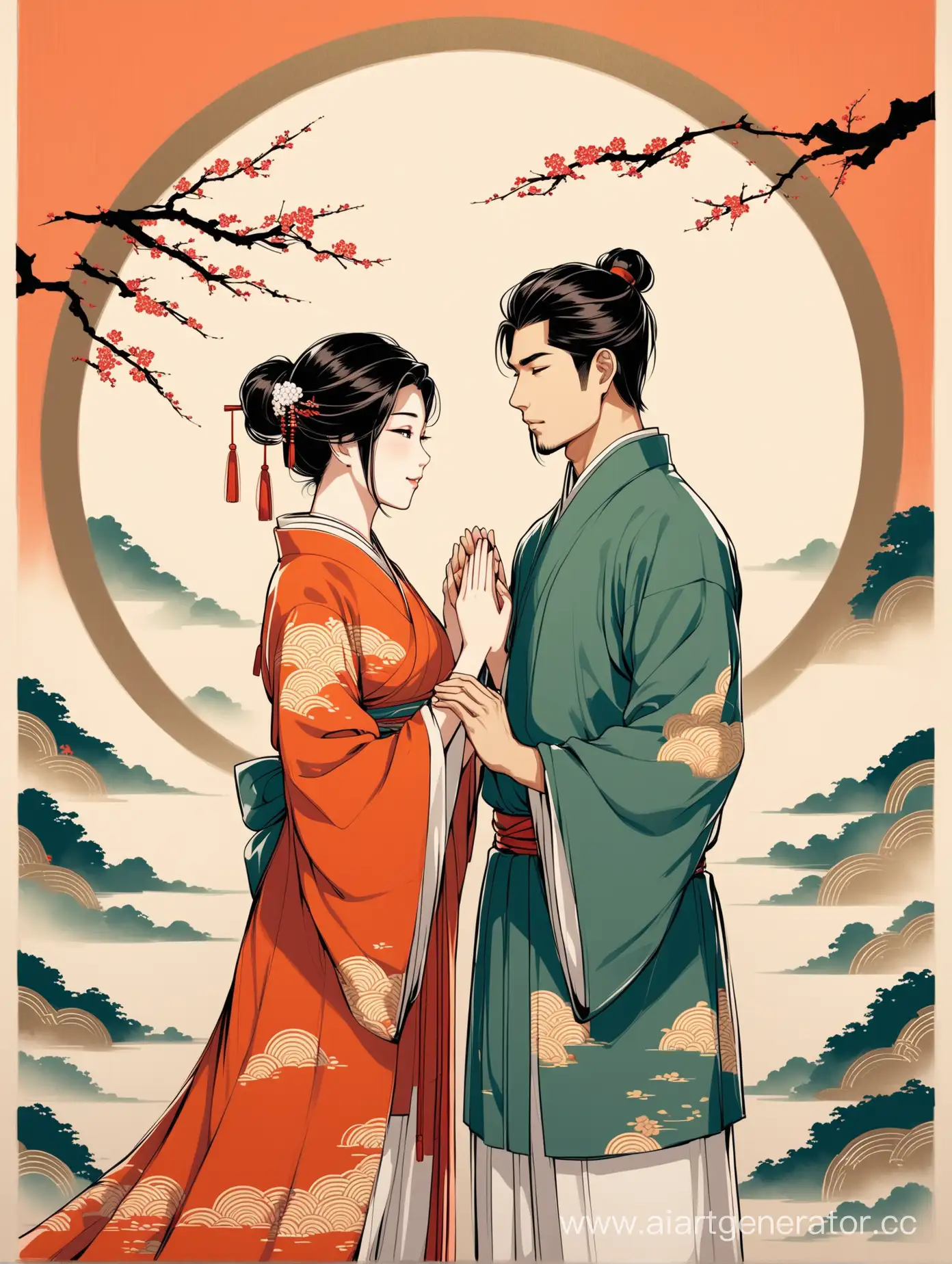 Embracing-Asian-Couple-in-Traditional-Painting-Style