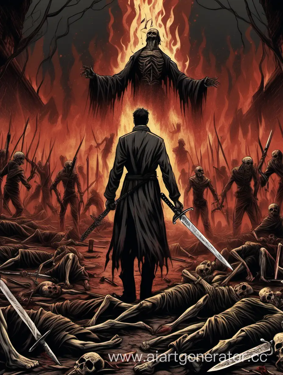 Rear viev,man,hell on background,art style,sword in hand,corpses on the ground