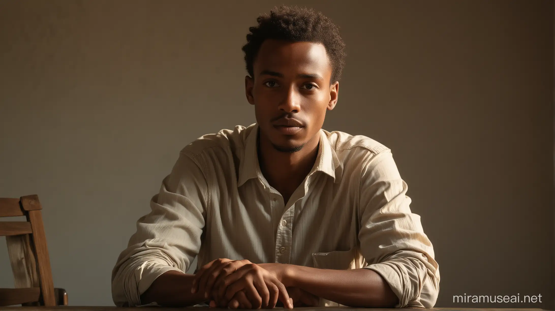 Ethiopian beautiful jourlists young man sitting on chair,looking straight forward,cinematic lighting,resolution 1280*720,the young man is in left side of the imagE.