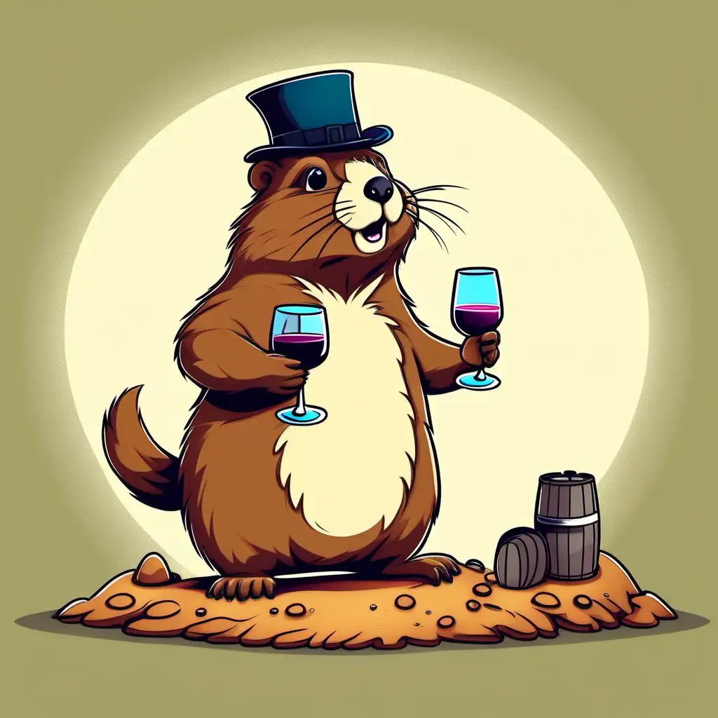 Adorable Groundhog Cartoon Enjoying a Glass of Wine