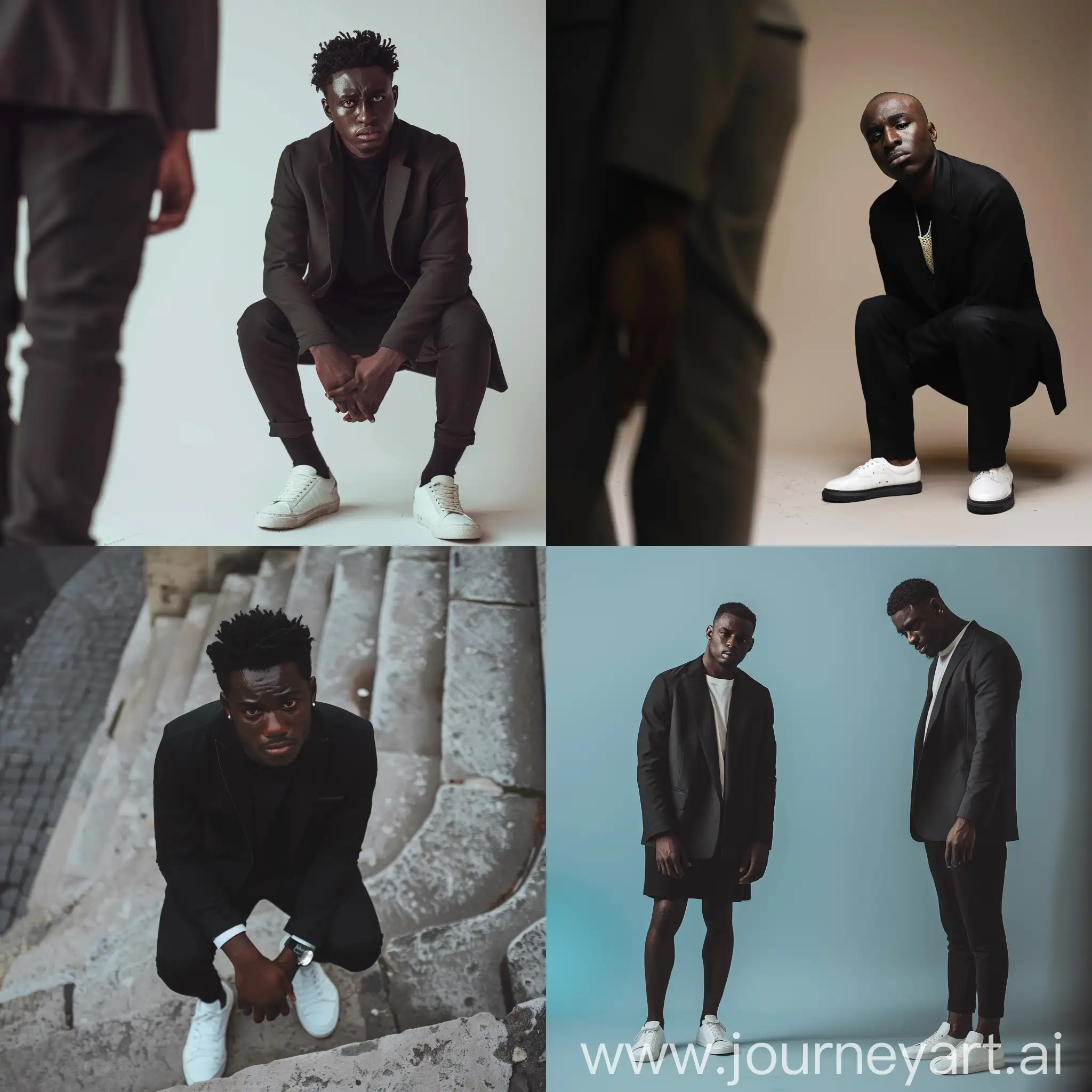 A Intimate Landscape Photography with Fujifilm GFX 50SA stylish, sad black man looking at the camera wearing a black blazer and white shoes, full body --v 6 --style raw