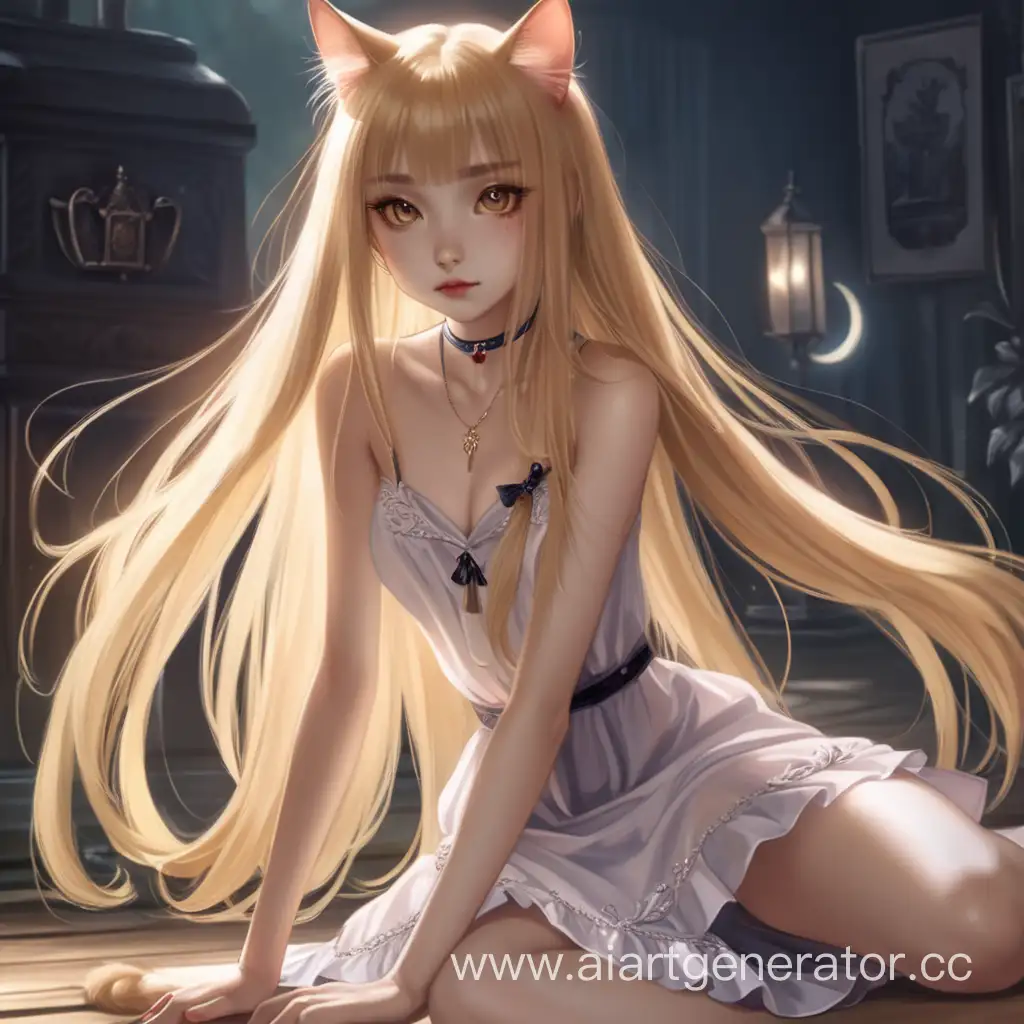 девочка кошка, она же вампир, золотые длинные волосы, лёгкое летнее платье, длинные ноги, высокая небольшая грудь