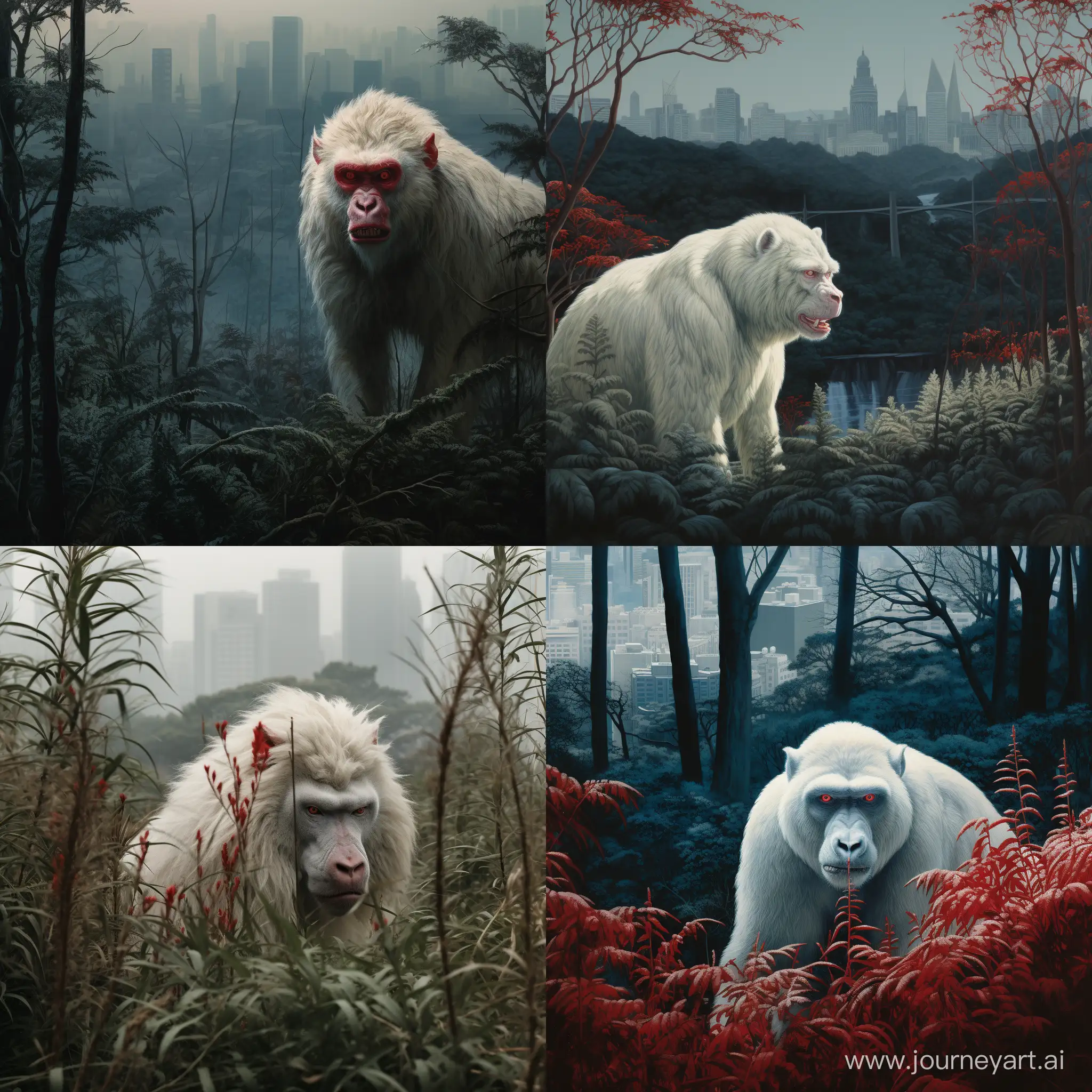 Enigmatic-White-Gorilla-with-Red-Eyes-Observing-A-Coruas-Urban-Horizon