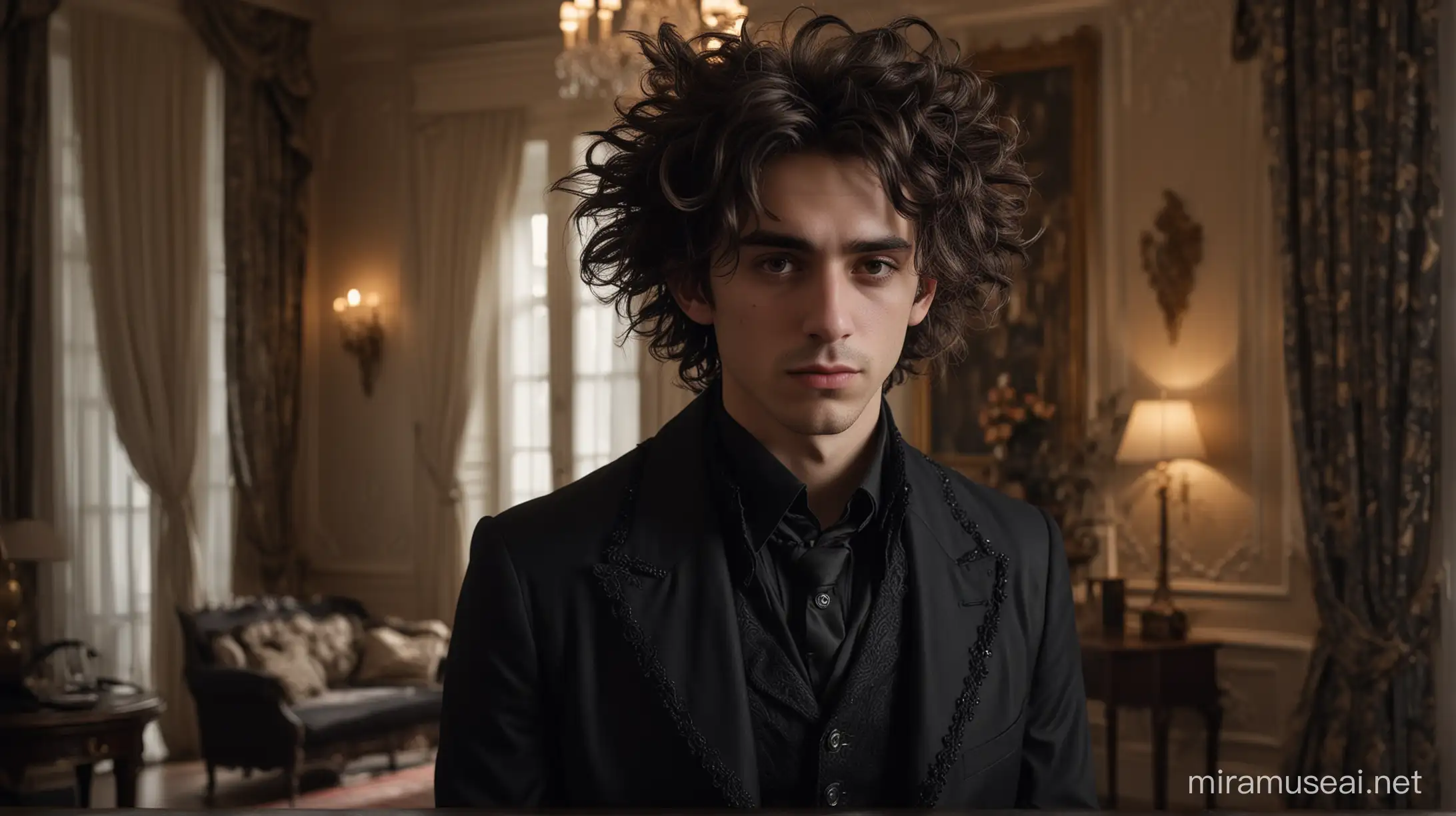 UltraRealistic 23YearOld Man in Gothic Attire with Sad Eyes in Eloquent Living Room