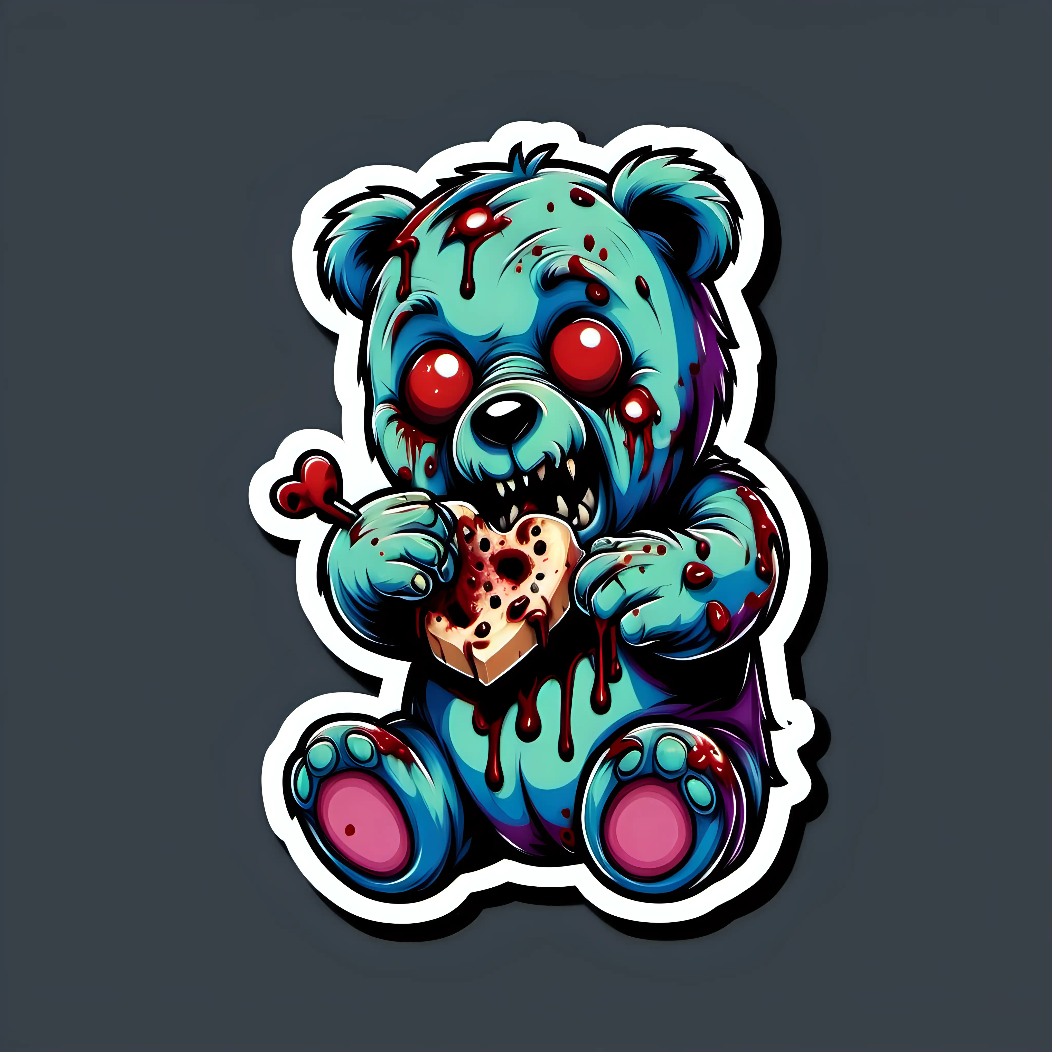 zombie teddy bear eating a carebear, sticker. make adobe illustrator image trace friendly.