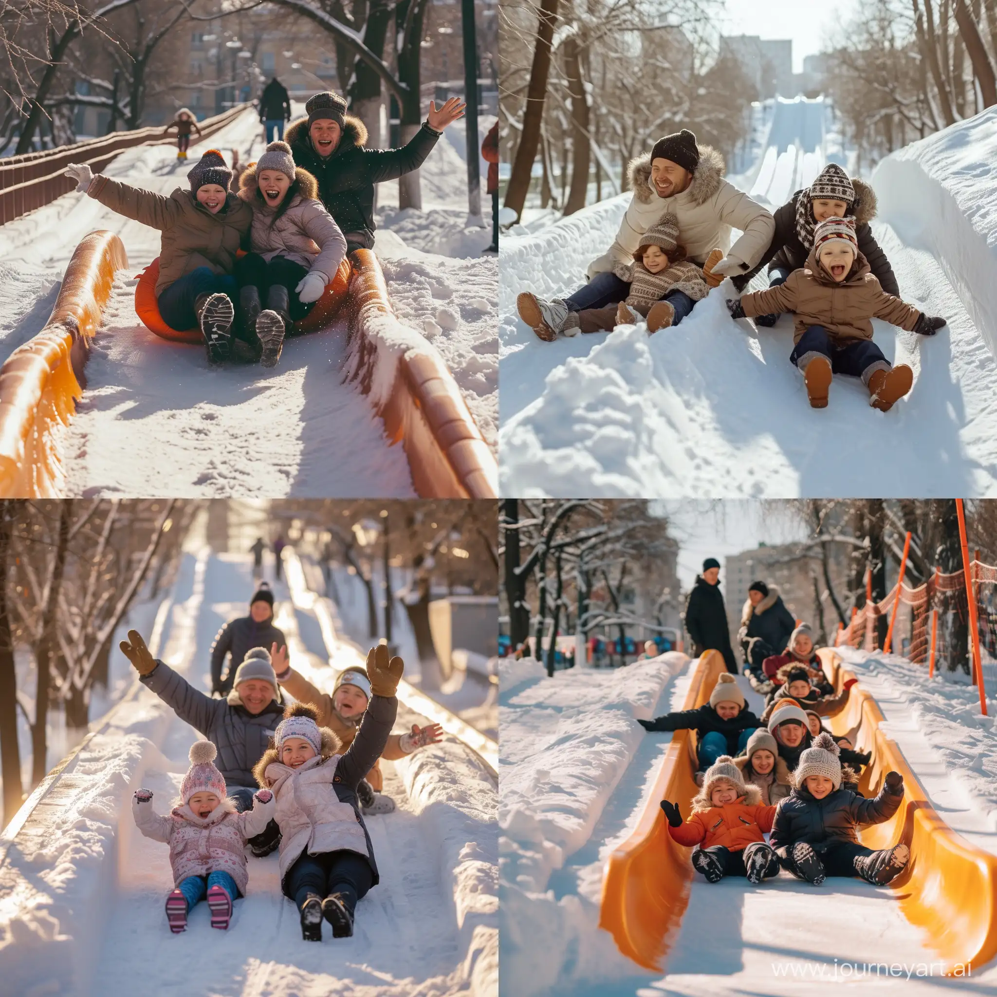 A cheerful family rolls down a snow slide in the Tverskoy district of Moscow. I need a photo