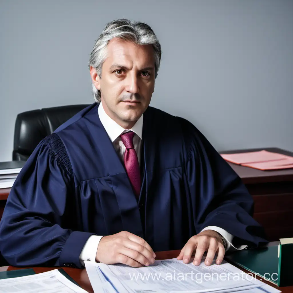 Адвокат мужчина лет 40-50 немного седой,сидит за рабочим столом с документами и смотрит в ка меру