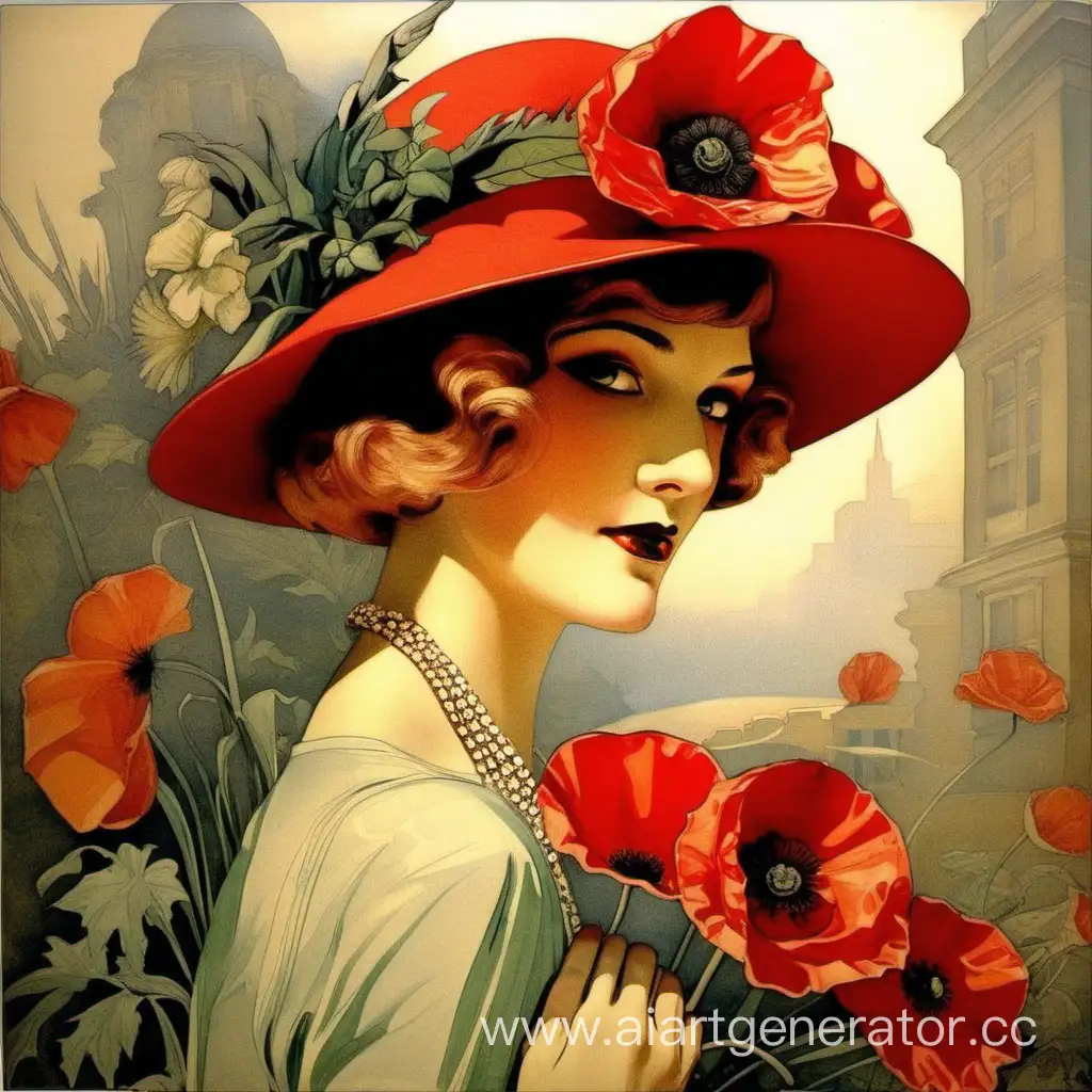 Alphonse Muchs style - women with flowers details style, woman in red poppy hat.  20s era style