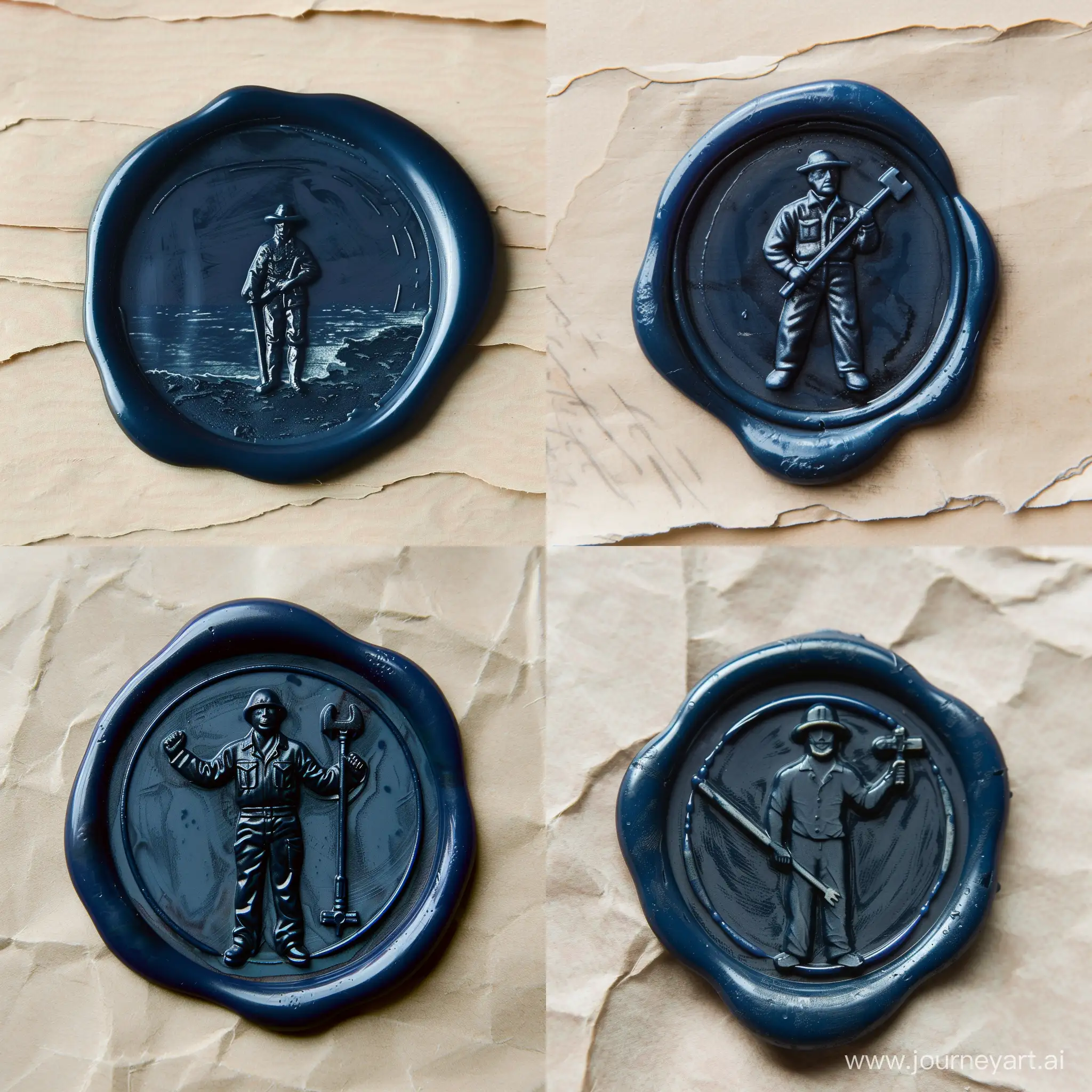 A hand-pressed Repair Man wax seal, navy blue hue, with natural imperfections and irregular edges, top-down view, set on vintage paper texture