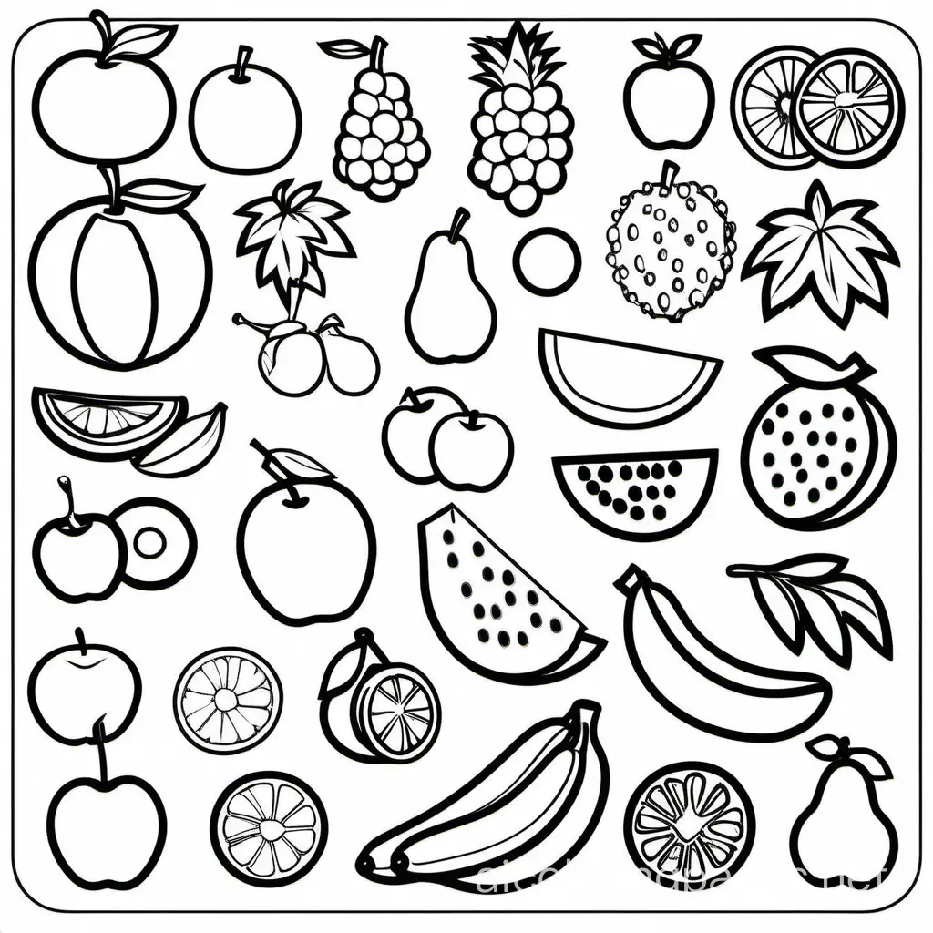 fruits images, Coloring Page, black and white, line art, white background, Simplicity, Ample White Space. The background of the coloring page is plain white to make it easy for young children to color within the lines. The outlines of all the subjects are easy to distinguish, making it simple for kids to color without too much difficulty