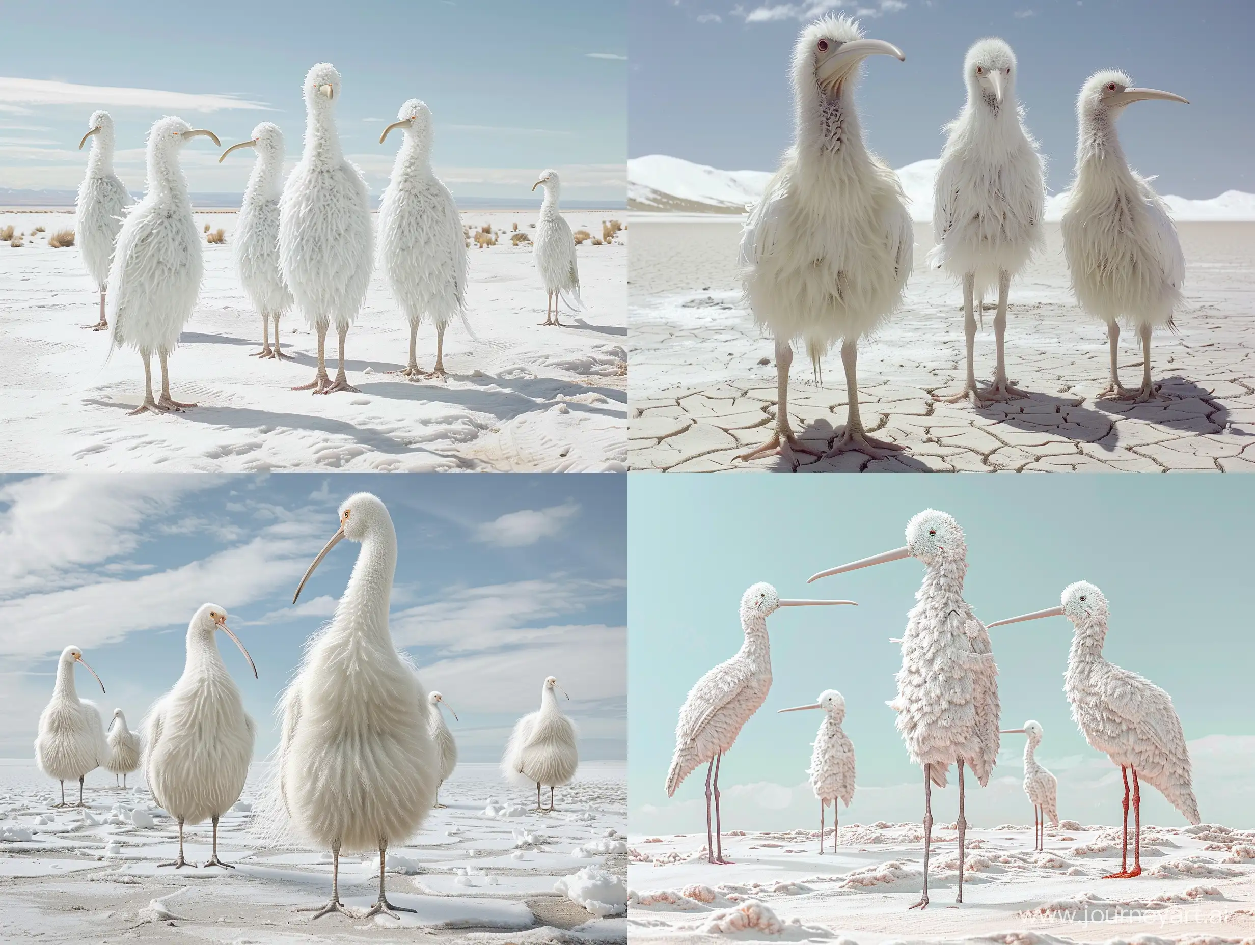 Высокие белые птицы киви похожие на человека стоят посреди снежной пустыни